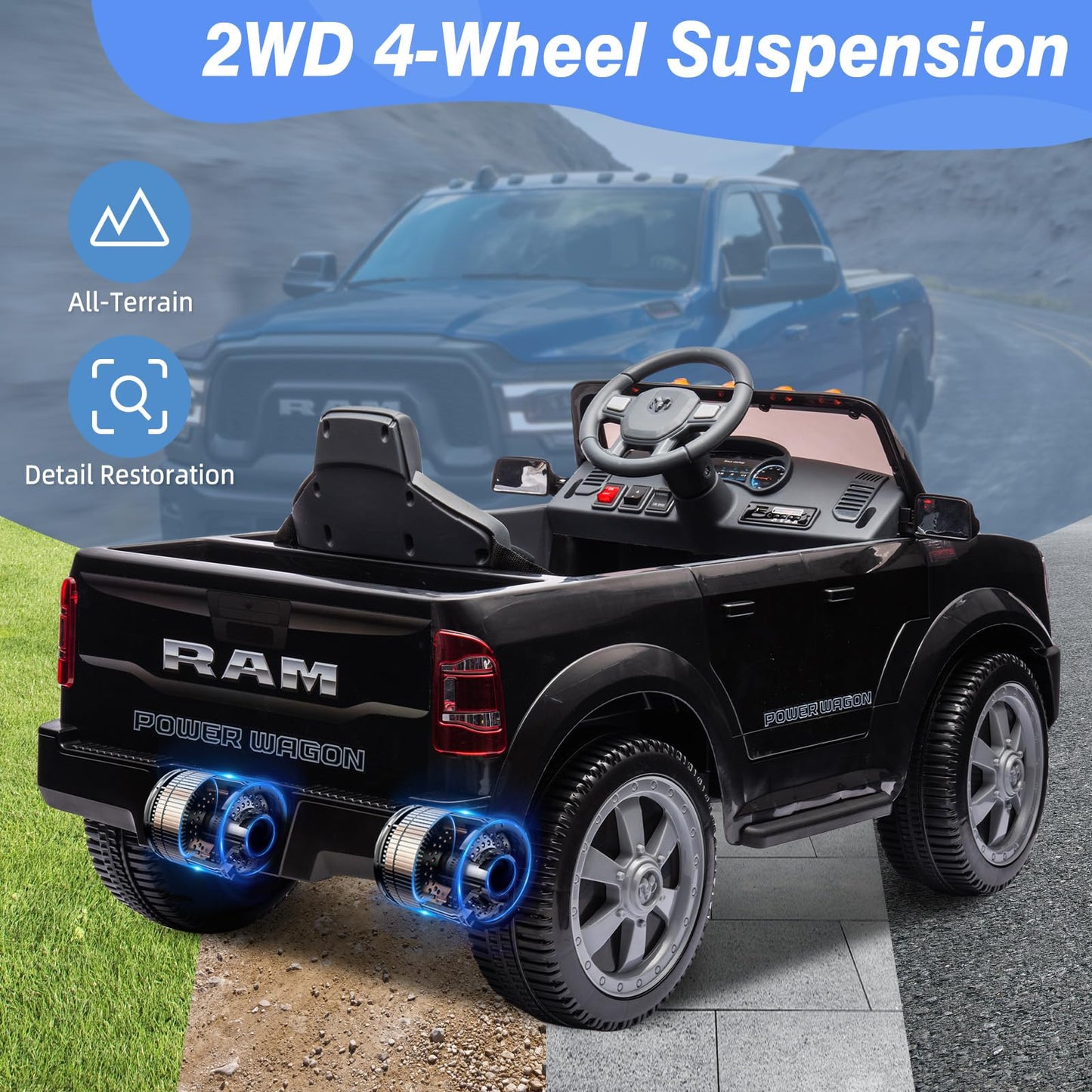 12V Ride-On Electric Truck, Licensed Dodge Ram 2500, With Remote Control, Led Light/Music/Mp3, Back Storage & Cup Holder, Kids E