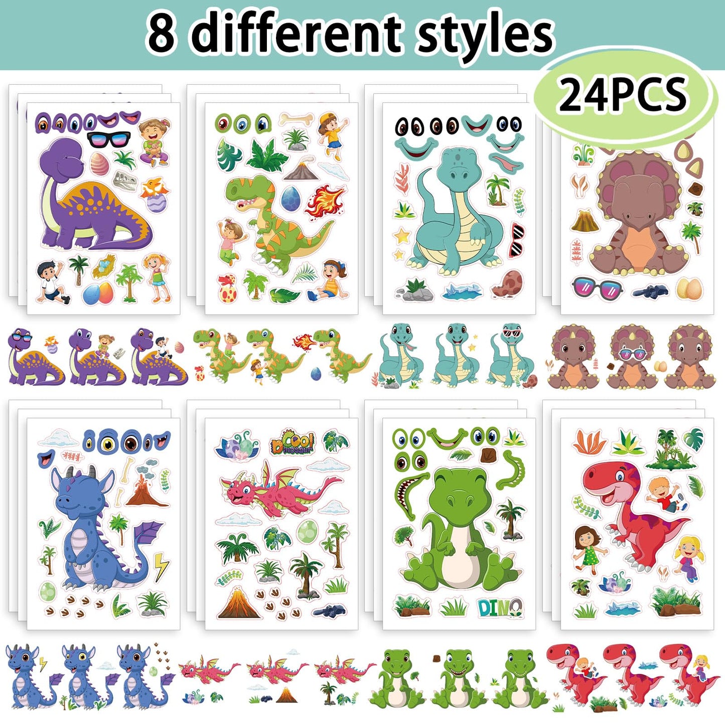 24 Sheets 8.3''  5.9'' Make Your Own Dinosaur Stickers For Toddlers Kids Party Favors, Make A Face Stickers For Kids Activities