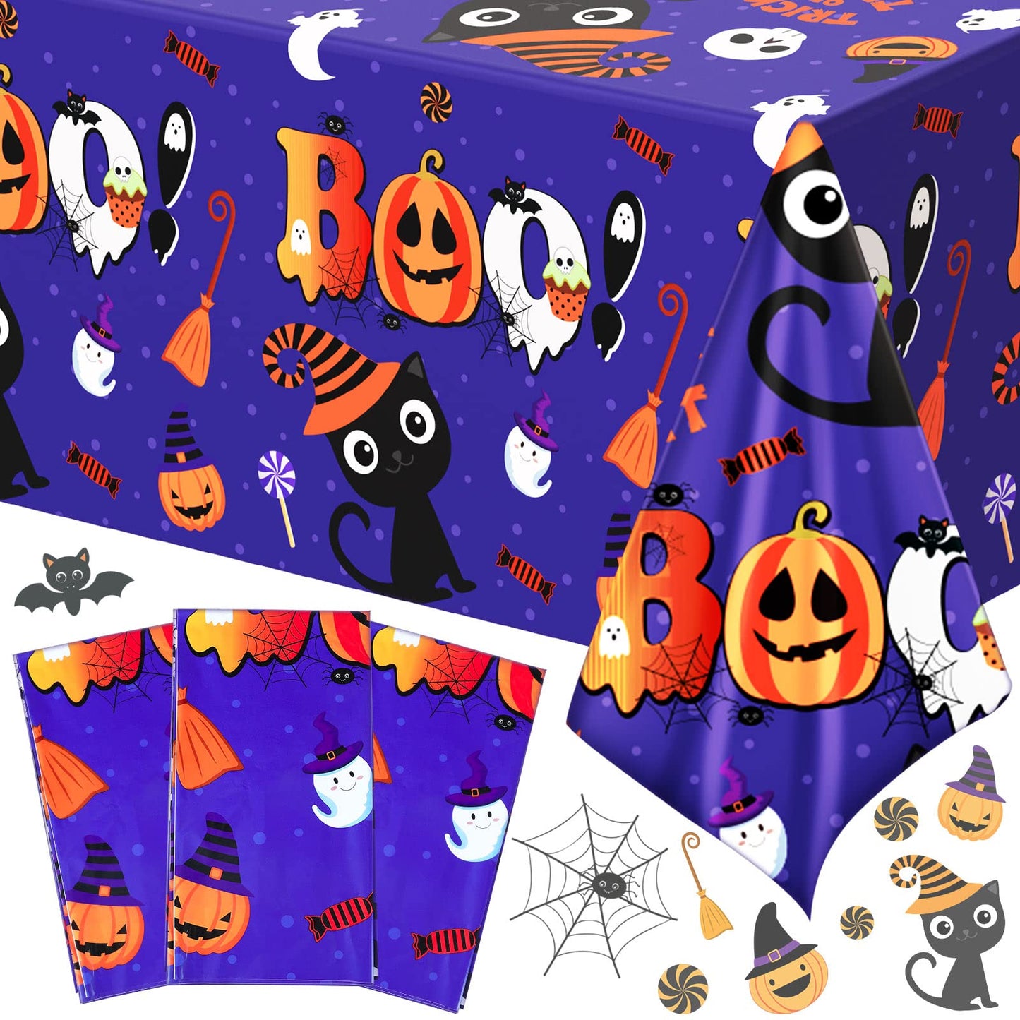 Tegeme Bulk Halloween Tablecloth for Kids Party 108 x 54 Inch Disposable Plastic Rectangular Table Covers with Cute Cat Pumpkin 