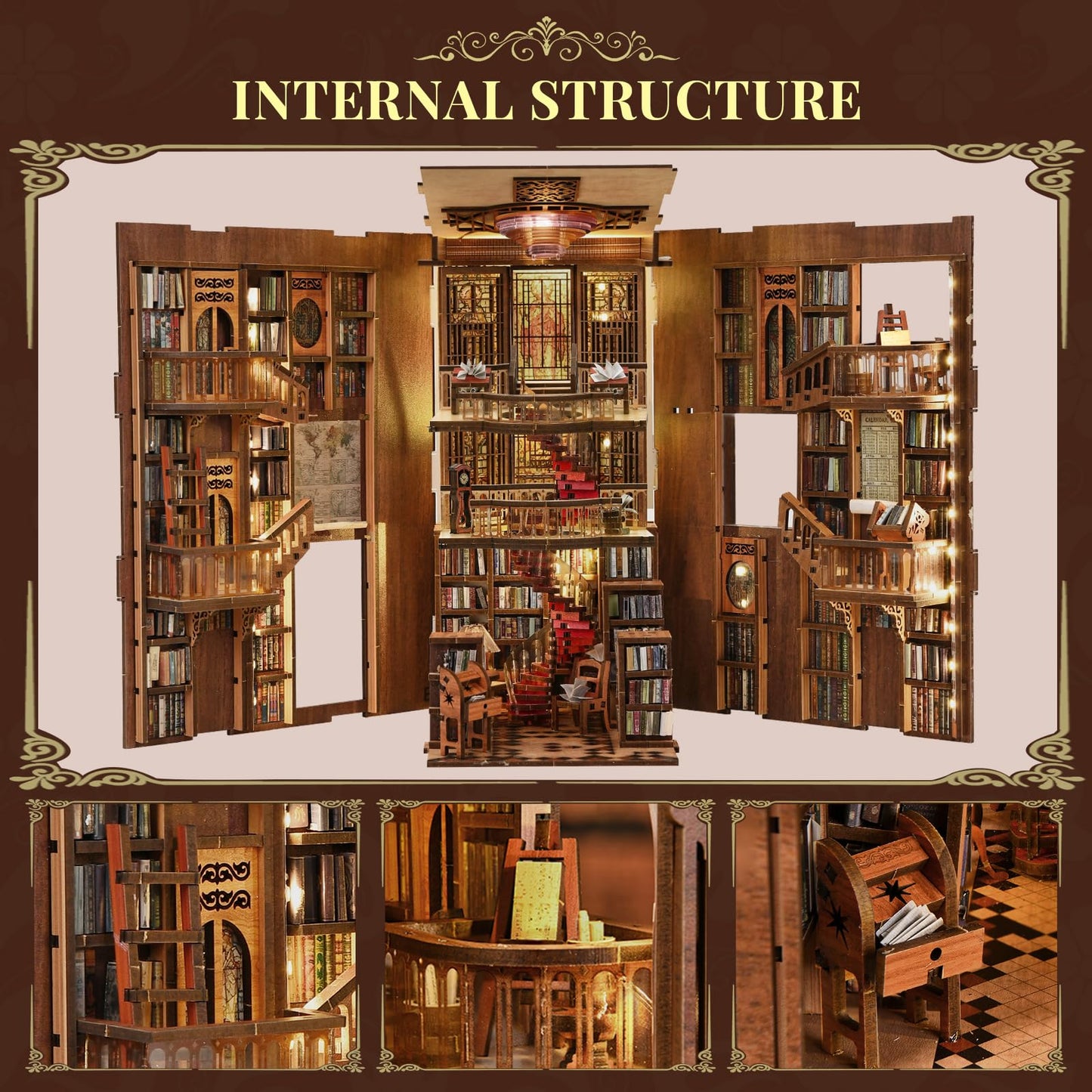 MiniCity DIY Book Nook Kit for Adults, 3D Wooden Puzzle Bookend Bookshelf Insert Decor with LED Light and Dust Cover (Abbey Libr