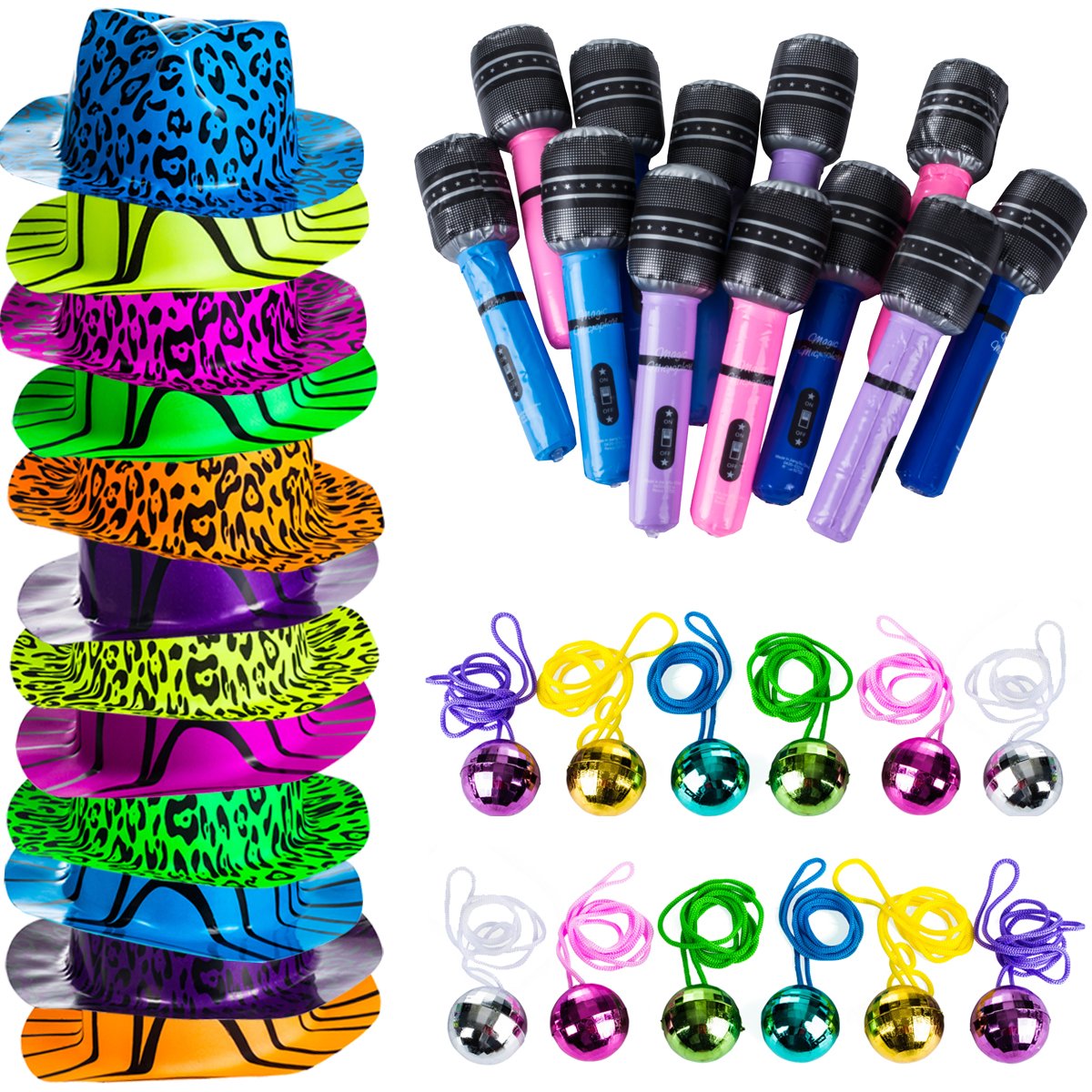 Tigerdoe Rock n Roll Party Favors - 36 Pc Set - Rock Star Party Hats, Disco Ball Necklaces, Inflatable Microphones - Rocker Part