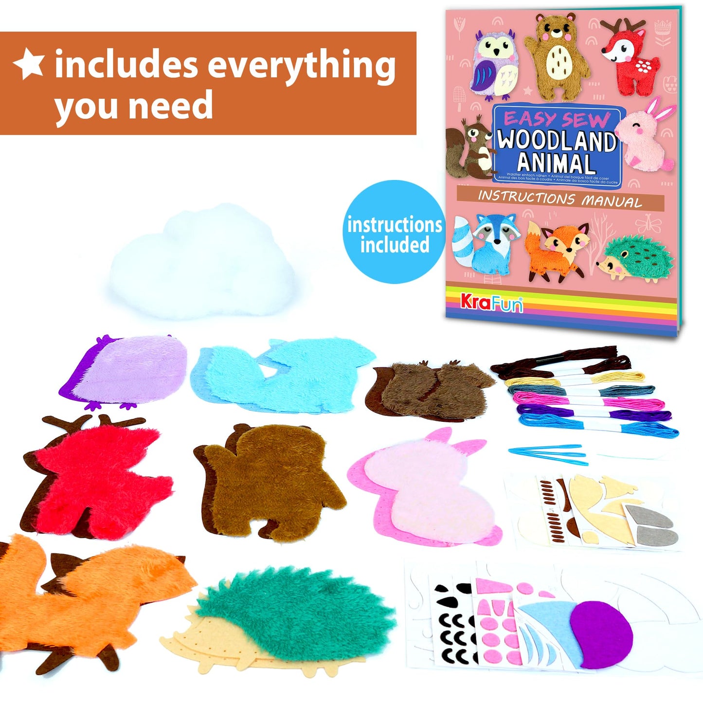 KRAFUN Easy Sewing Kit for Kids - 8 DIY Woodland Animal Projects, Felt, Instructions, Perfect Gift for Girls & Boys, Model 89804