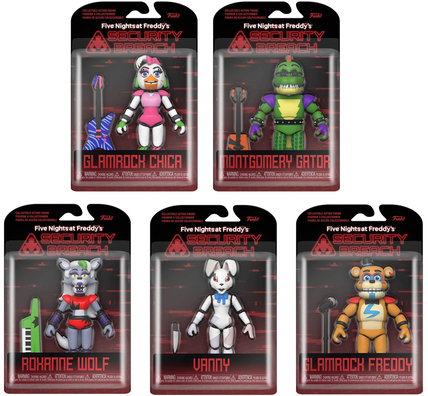 Funko Five Nights at Freddy's Security Breach Action Figure Set – Glamrock Chica, Montgomery Gator, Roxanne Wolf, Vanny, Glamrock Freddy