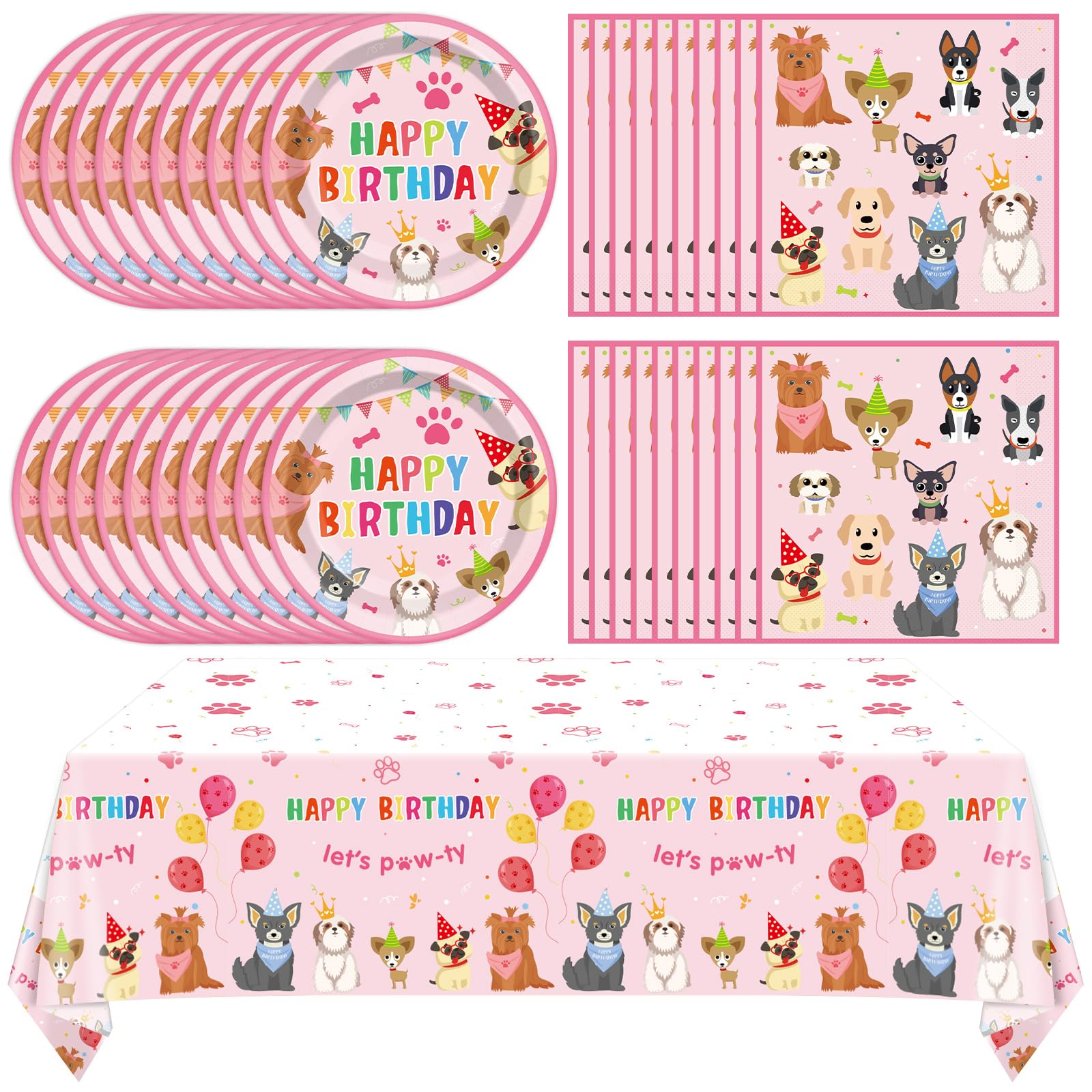 41Pcs Pink Dog Birthday Party Decorations Set Puppy Party Supplies Including Dog Girl Party Plates Napkins Tablecloth Serves 20 Guests For Dog Birthday Parties Decorations