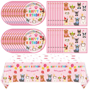 41Pcs Pink Dog Birthday Party Decorations Set Puppy Party Supplies Including Dog Girl Party Plates Napkins Tablecloth Serves 20 Guests For Dog Birthday Parties Decorations