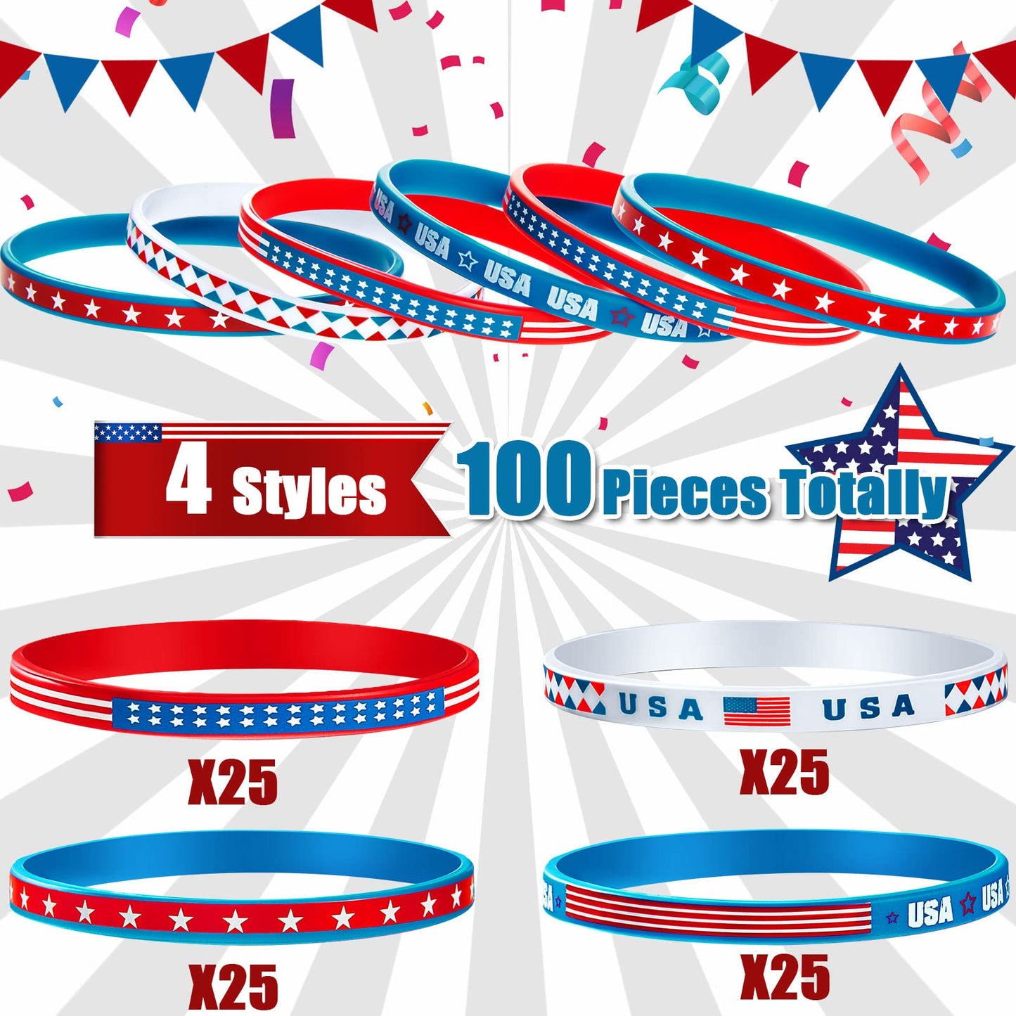 Leitee 100 Pcs USA Silicone Bracelet Red White Blue American Flag Wristbands Veterans Day Memorial Party Accessories Decoration