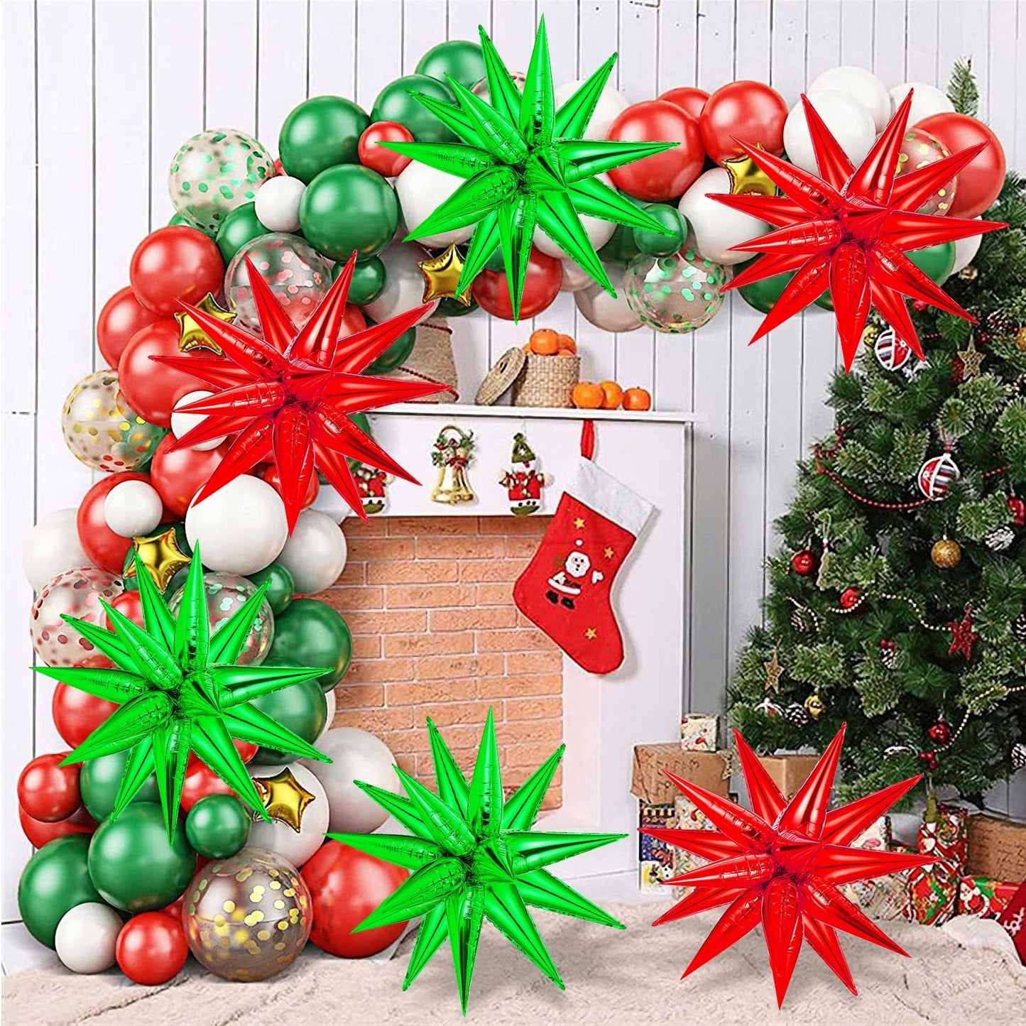 72 Pcs Star Balloons, Big 26 Inch Explosion Christmas Star Cone Balloons, Red And Green Foil Cone Mylar Balloons, 12 Point Spike