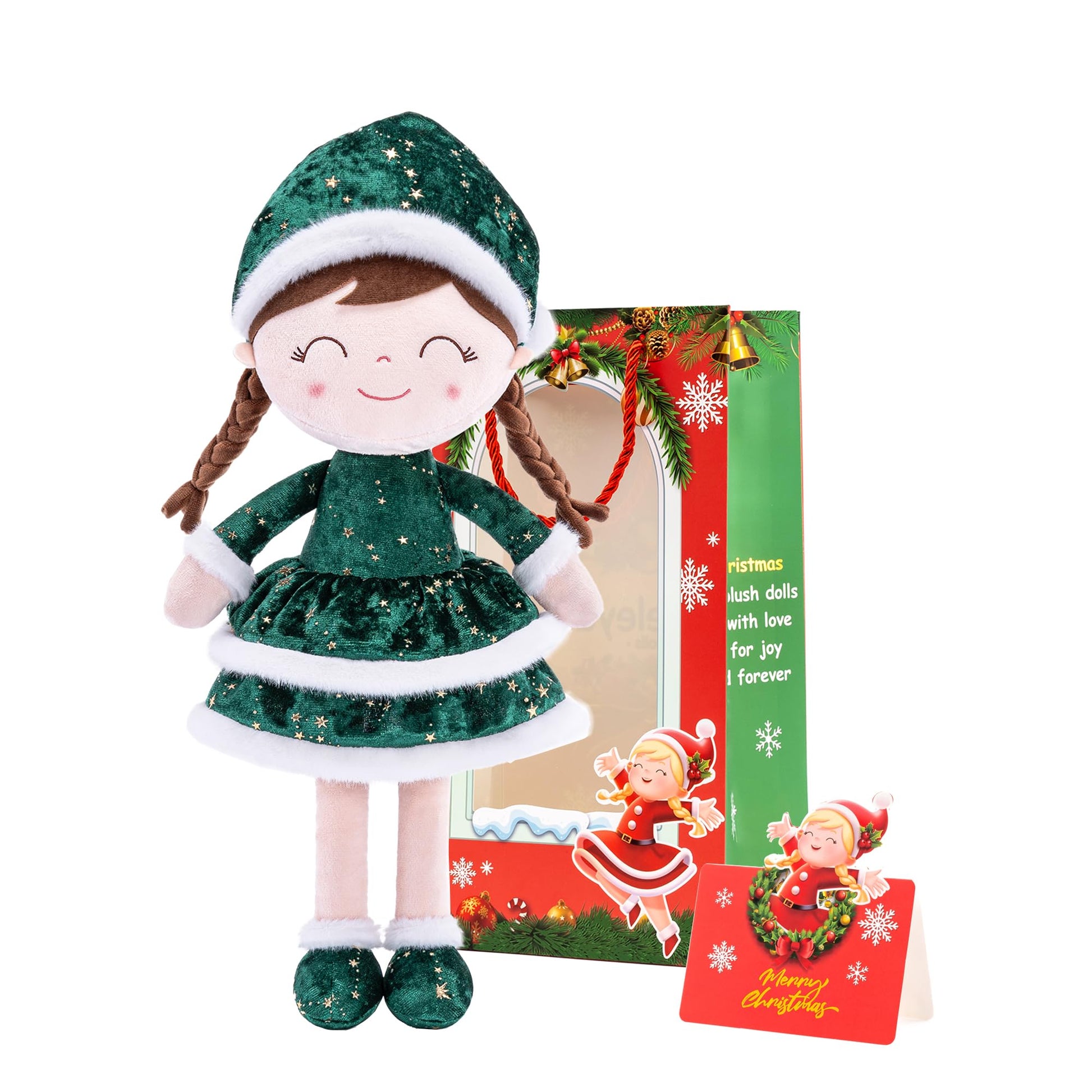 Gloveleya Soft Plush Doll Christmas Girl Dolls With Green Dress, Gift Box & Free Card - Perfect Holiday Or Birthday Gift For Toddlers 2-8 Ages, 16'