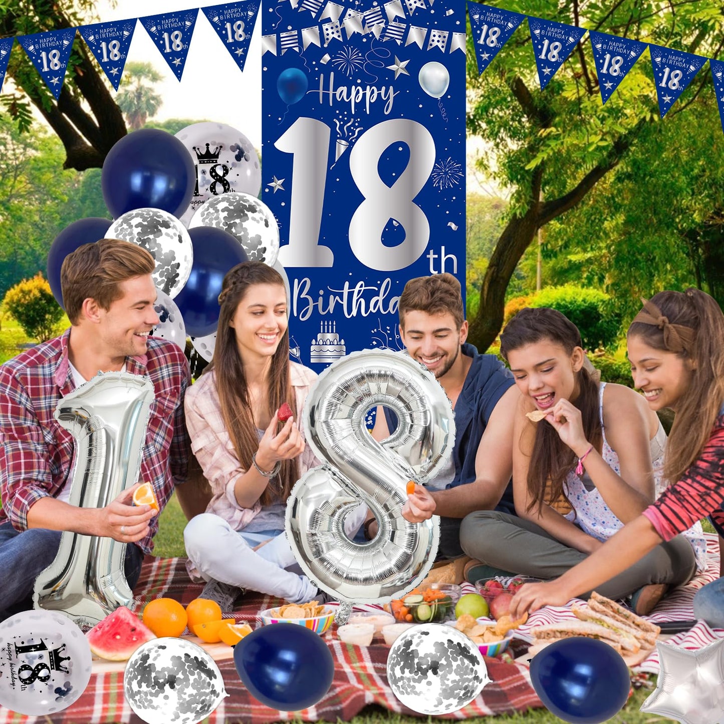 18Th Birthday Decorations For Boys Girls, Blue Silver Happy 18Th Birthday Decorations Door Banner, 32'' Number 18 Foil Balloon F