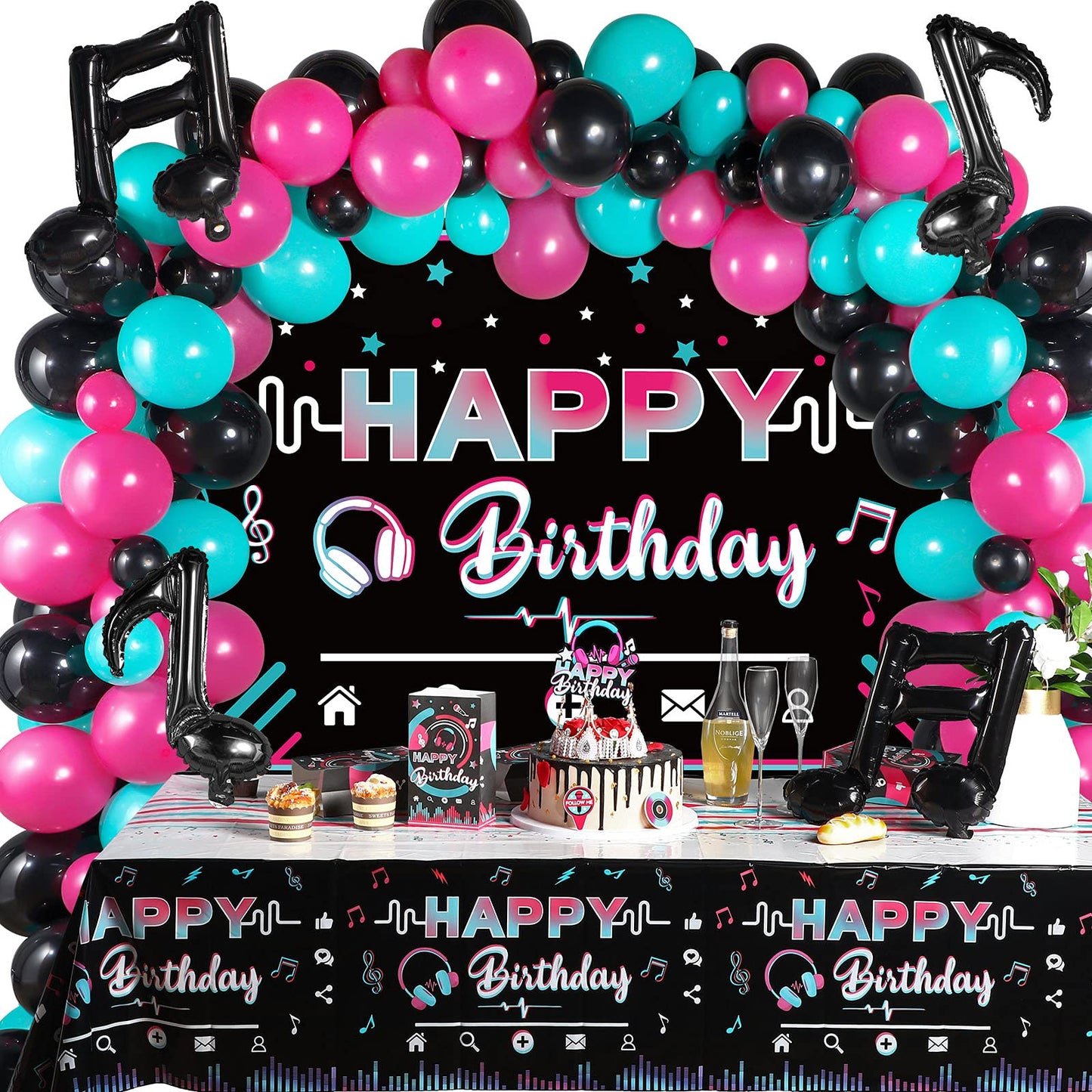 Tatuo Music Party Decorations - Happy Musical Social Media Birthday Supplies With Backdrop, Tablecloth, Music Note and Latex Bal