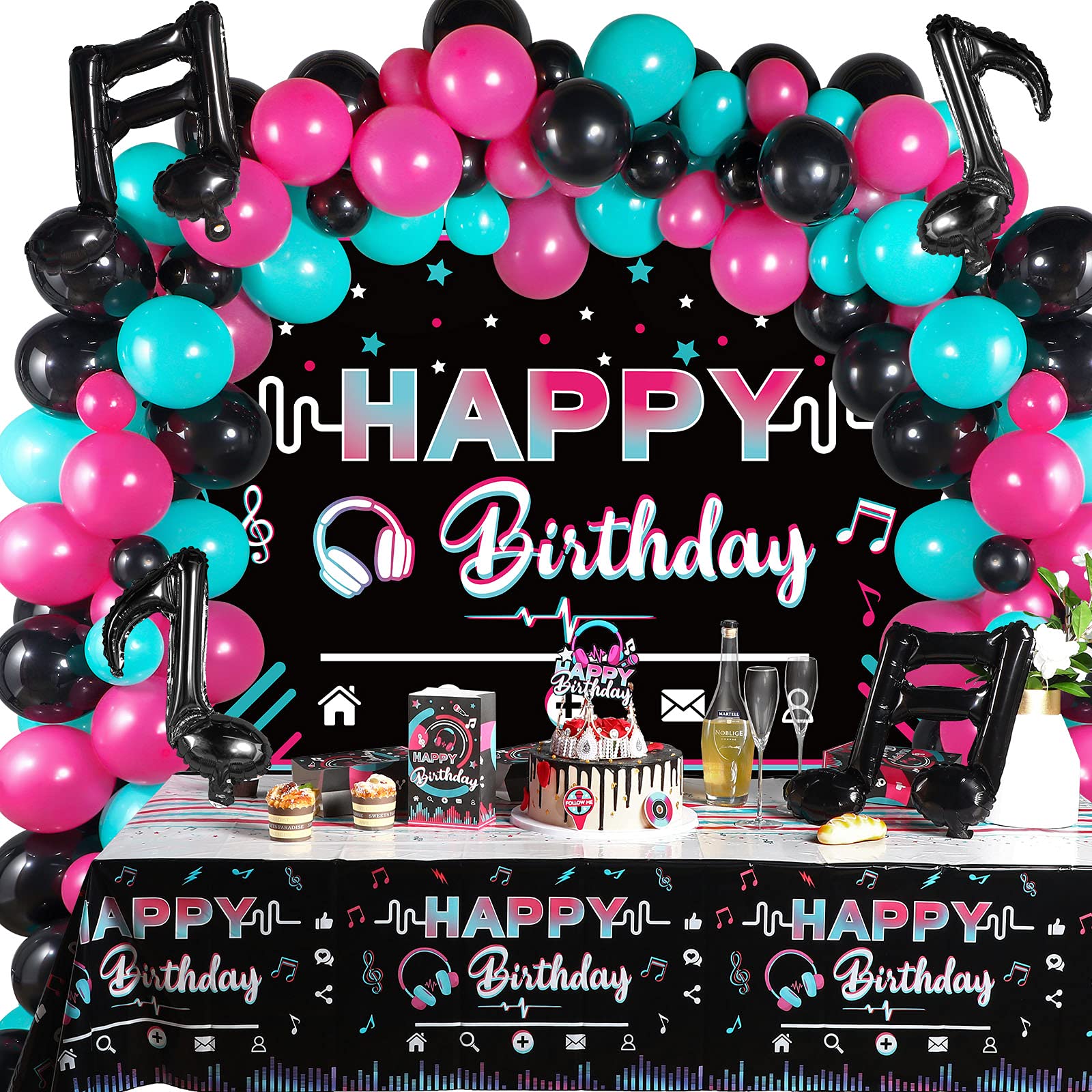 Tatuo Music Party Decorations - Happy Musical Social Media Birthday Supplies With Backdrop, Tablecloth, Music Note and Latex Bal