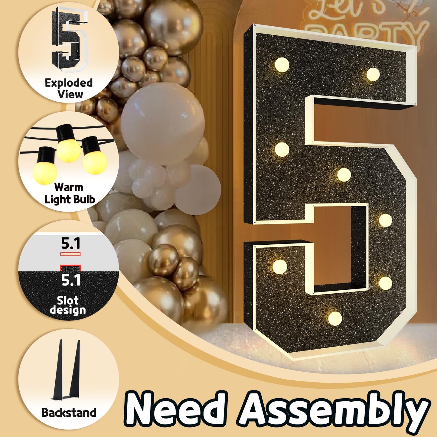 Imprsv Marquee Numbers Black 3Ft: Black Party Decor - Light Up Number 5 Large 3 Feet Tall - Birthday Decorations For Him Her 5Th