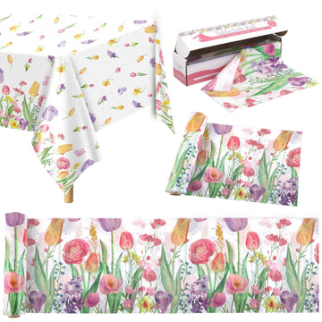 Kochorie 100 Ft x 54 Inch Spring Flower Tulip Tablecloth Roll Plastic Floral Disposable Table Cover Butterfly Wildflower Themed 