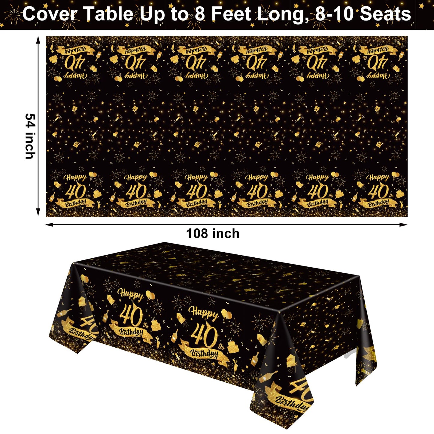 NatNarr 3 Pack 40th Birthday Tablecloth, Plastic Black Gold Table Cloths 40th Birthday Table Cover, Disposable Rectangle Table C