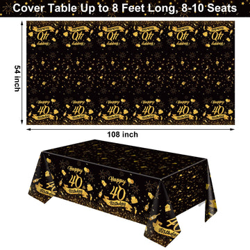 NatNarr 3 Pack 40th Birthday Tablecloth, Plastic Black Gold Table Cloths 40th Birthday Table Cover, Disposable Rectangle Table C