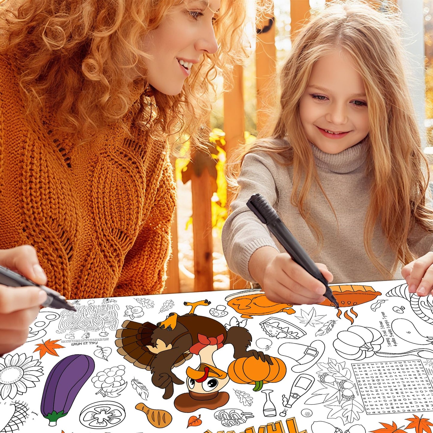 DERAYEE Thanksgiving Giant Coloring Poster, 72 x 35 Inches Disposable Thanksgiving Coloring Tablecloth Fall Harvest Themed Jumbo