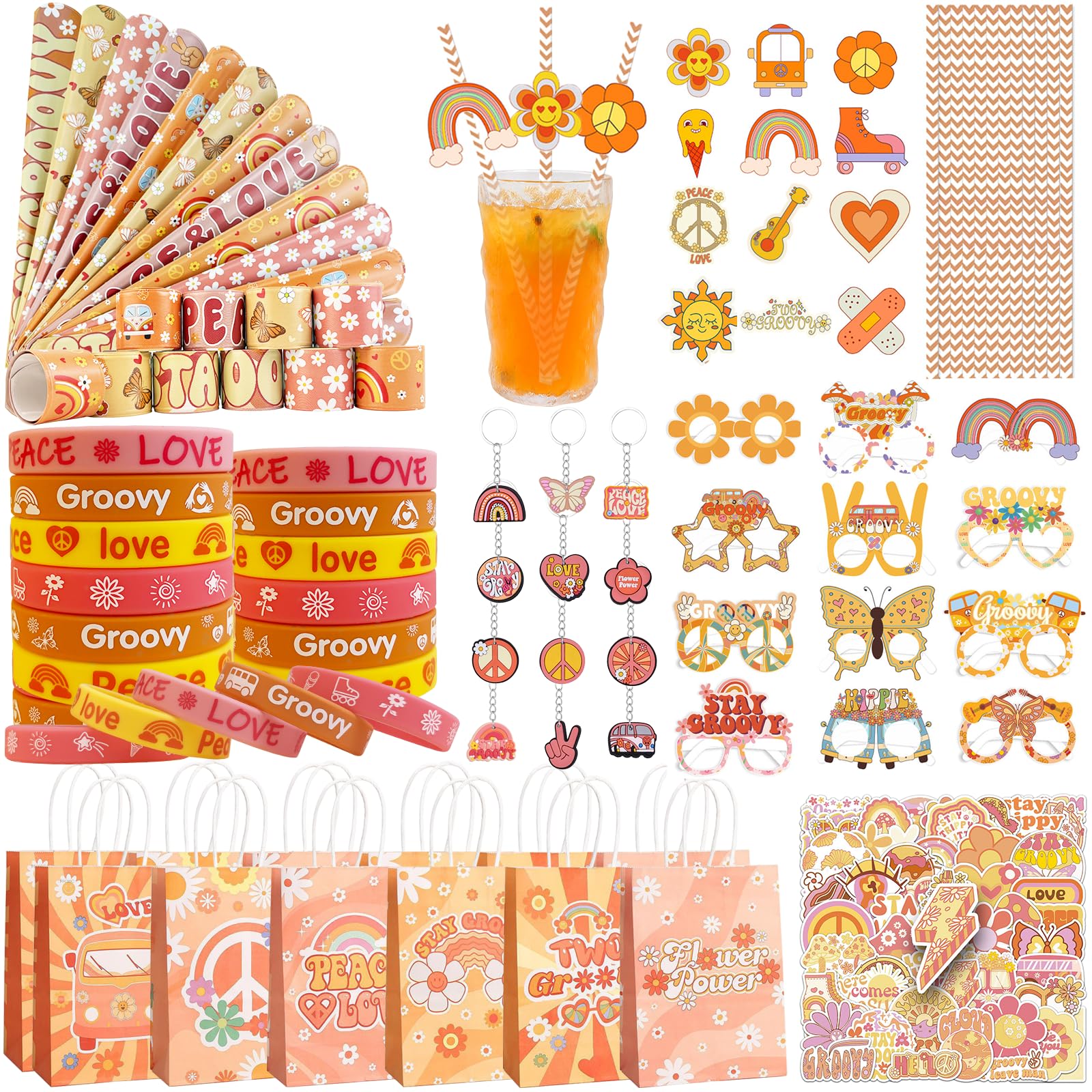 VAMWOGO Groovy Party Favors Hippie Retro Boho Themed Birthday Party Decorations Supplies Include Keychains Bracelets Goodie Bags