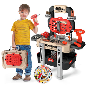 Kids Tool Bench, Kids Tool Set 138 Pieces with Realistic Tools, Electric Drill and Kids Tool Stickers, Toddler Workbench Pretend