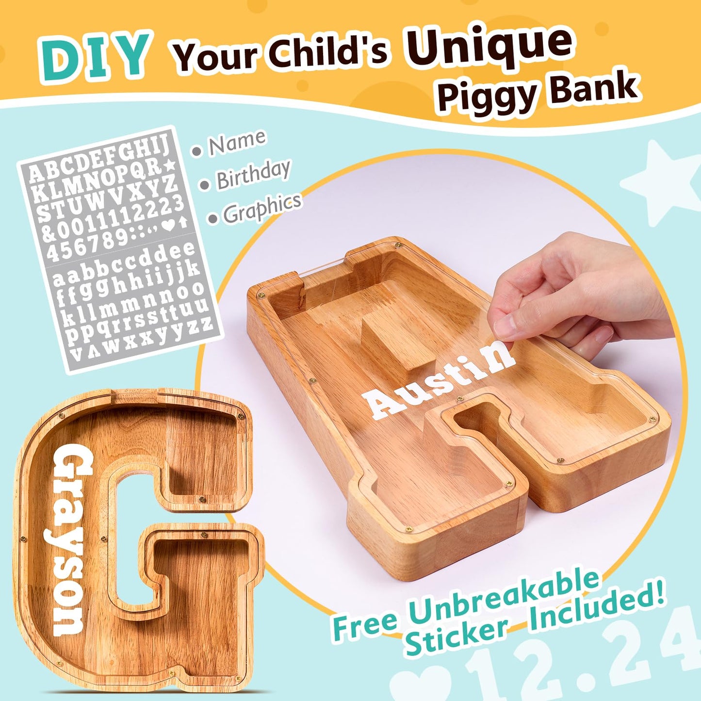 SummiDate Wooden Letter Piggy Bank| Piggy Bank for Boys Girls Toddler| Alphabet G Money Bank| Coin Bank Birthday Gift for Kids|Birthday Gift for Kids (G)