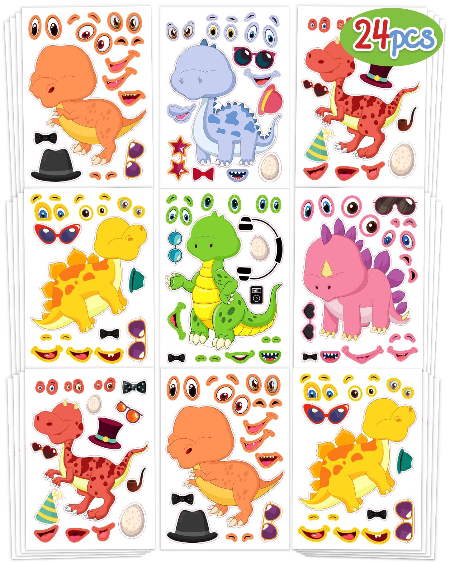 24 Pcs Make Your Own Dinosaur Sticker Sheets, Dinosaur Party Favors Face Stickers For Kids Boys Toddlers Crafts Activities Gift