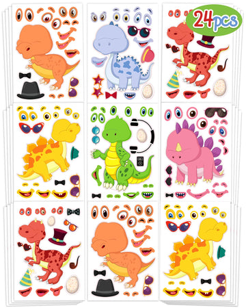 24 Pcs Make Your Own Dinosaur Sticker Sheets, Dinosaur Party Favors Face Stickers For Kids Boys Toddlers Crafts Activities Gift