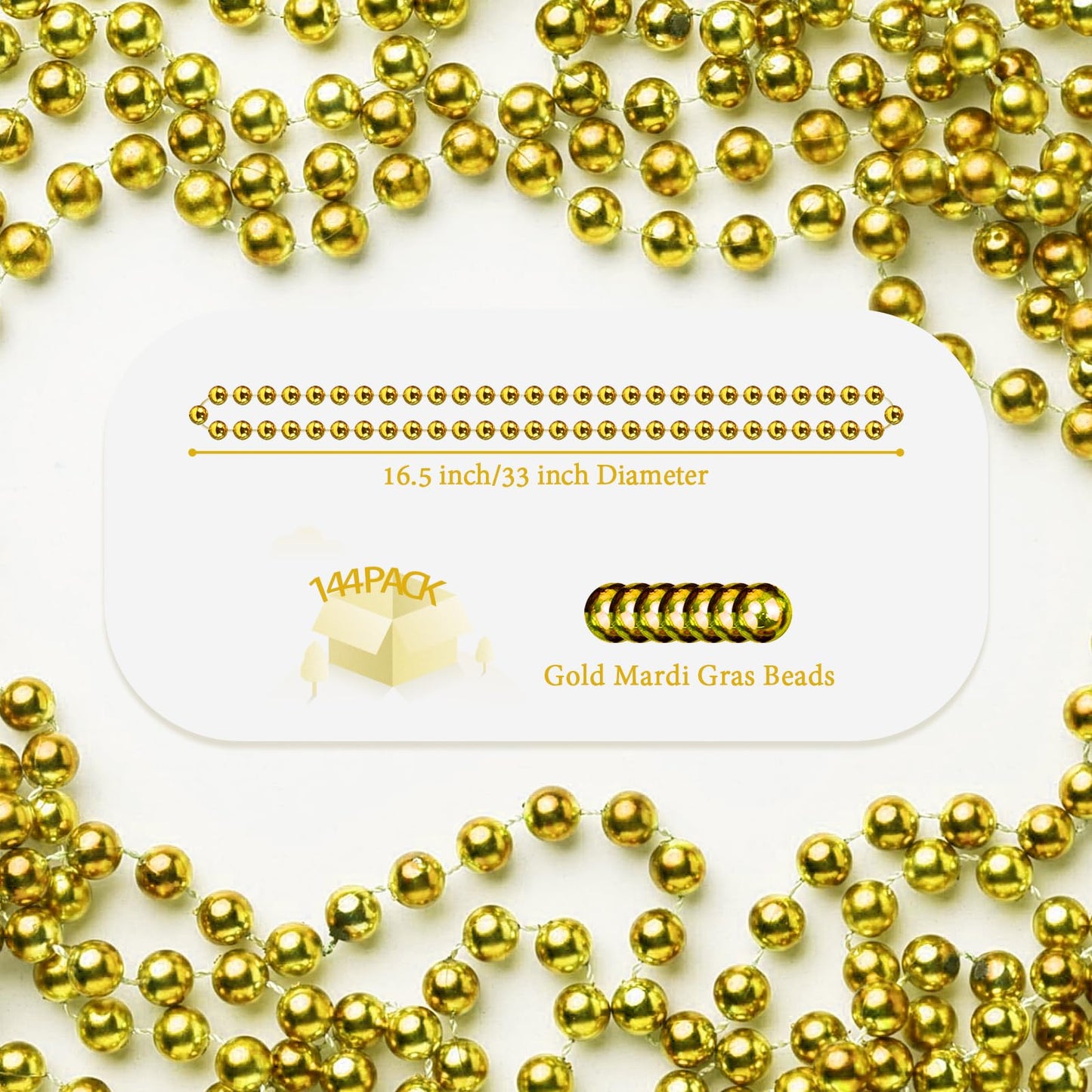 YAXINRUI 144 PCS Gold Mardi Gras Beads, Gold Bead Necklaces, Christmas Bead Necklaces, 33 Inch Round Beaded Necklaces for Mardi
