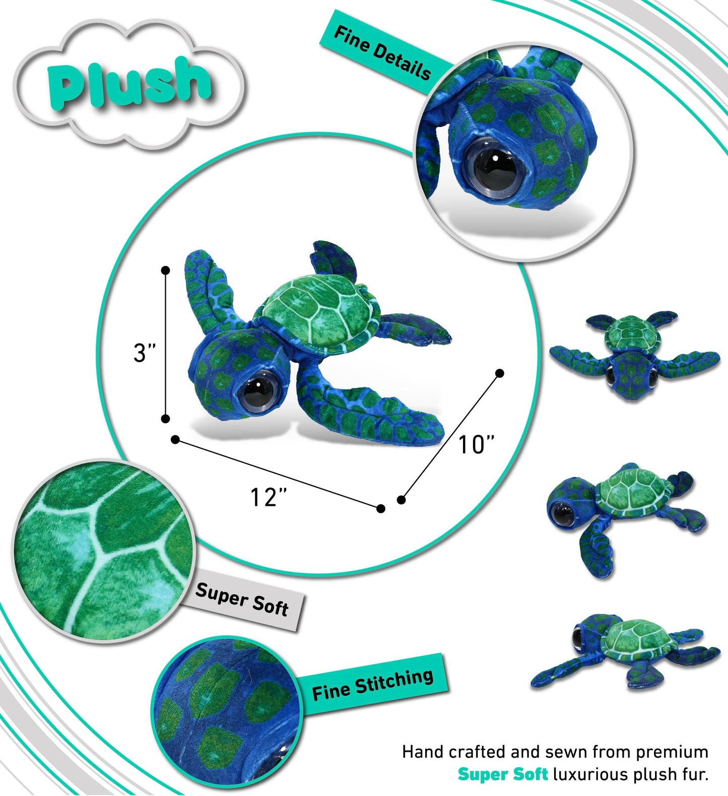 DolliBu Blue Sea Turtle Plush Toy - Super Soft 10-Inch Stuffed Animal for Kids, Polyester, Ocean Nursery Decor