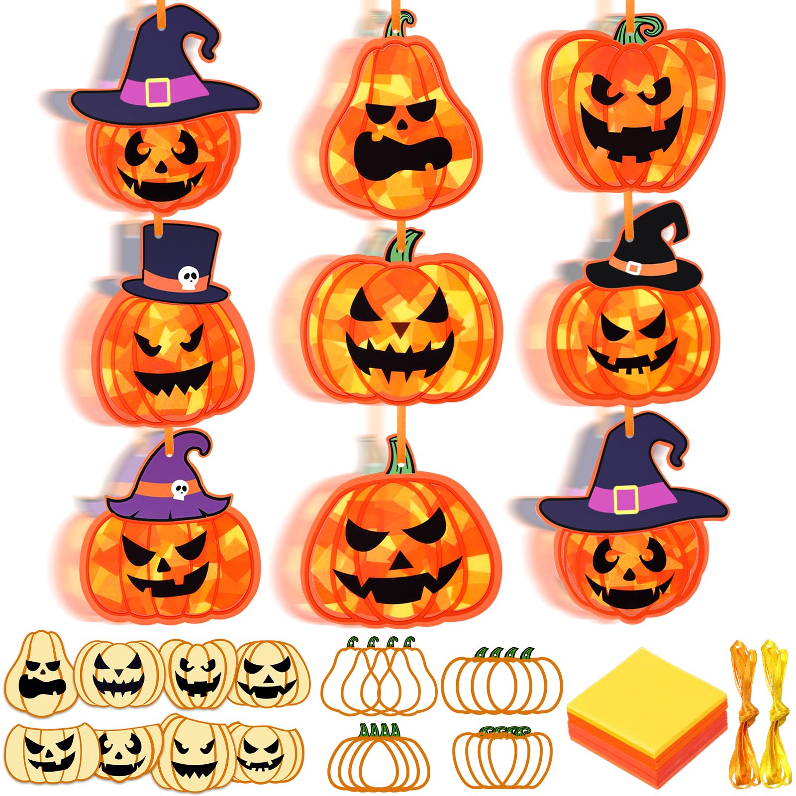 Tinlade 32 Sets Halloween Suncatcher Crafts Kit Pumpkin Suncatcher Paper Crafts with Tissue Paper DIY Window Stained Glass Effec
