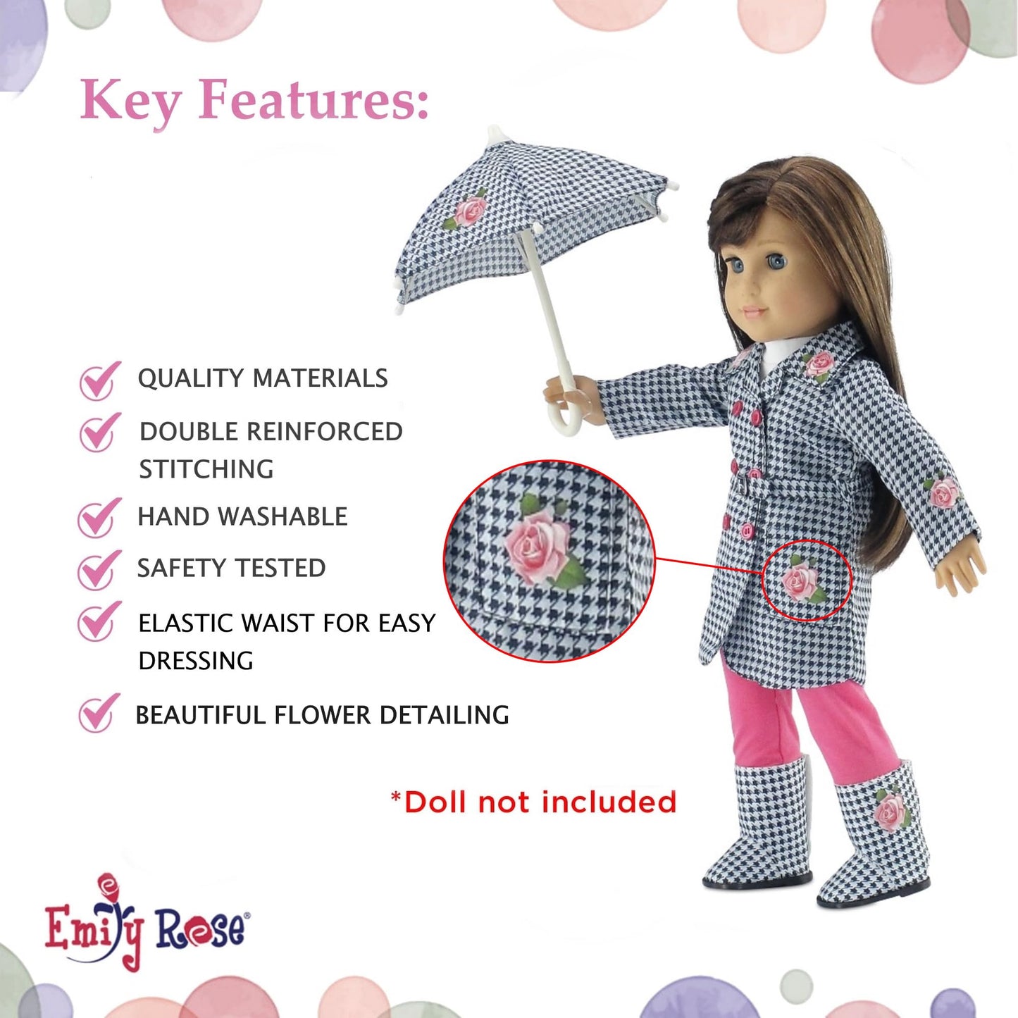 Emily Rose 18 Inch Doll Clothes & Accessories | 5-Pc Raincoat 18' Doll Outfit Gift Set - Including Matching Rain Boots And Working Umbrella