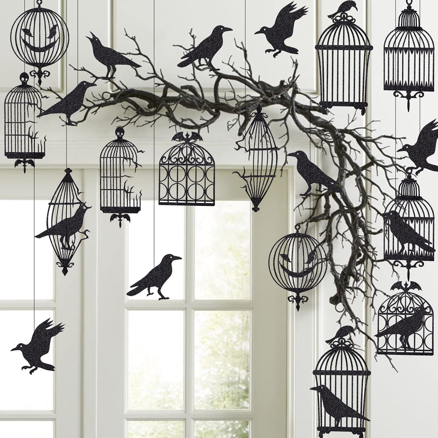 Glitter Black Crow Cage Decorations For Gothic Halloween Tree Hanging Decorations Raven Bird And Cage Banner Garland Centerpiece