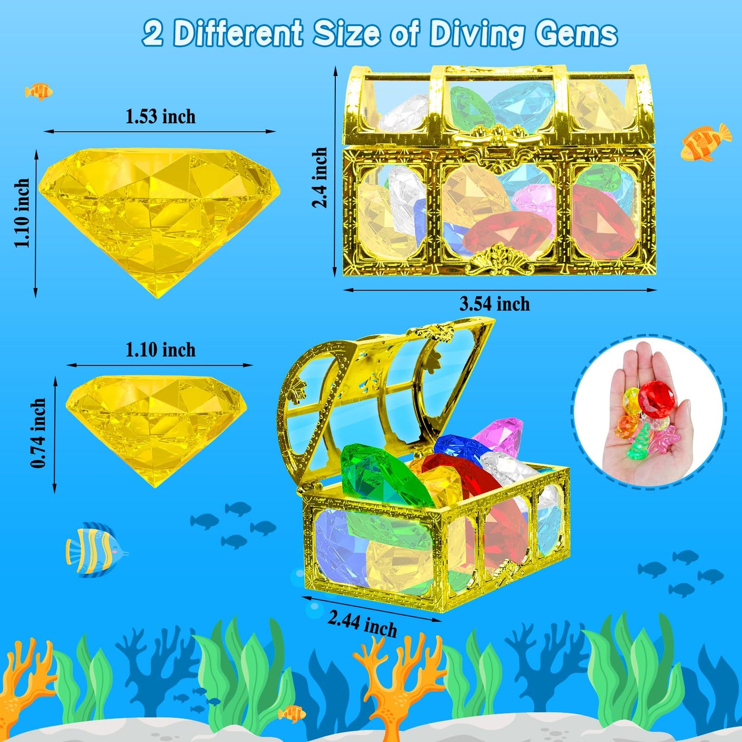 Mgparty 24Pcs Diving Gem Pool Toys Colorful Diamonds Set With Treasures Pirate Box Summer Toy Underwater Swimming Toys For Boys And Girls Pool Games Water Toys