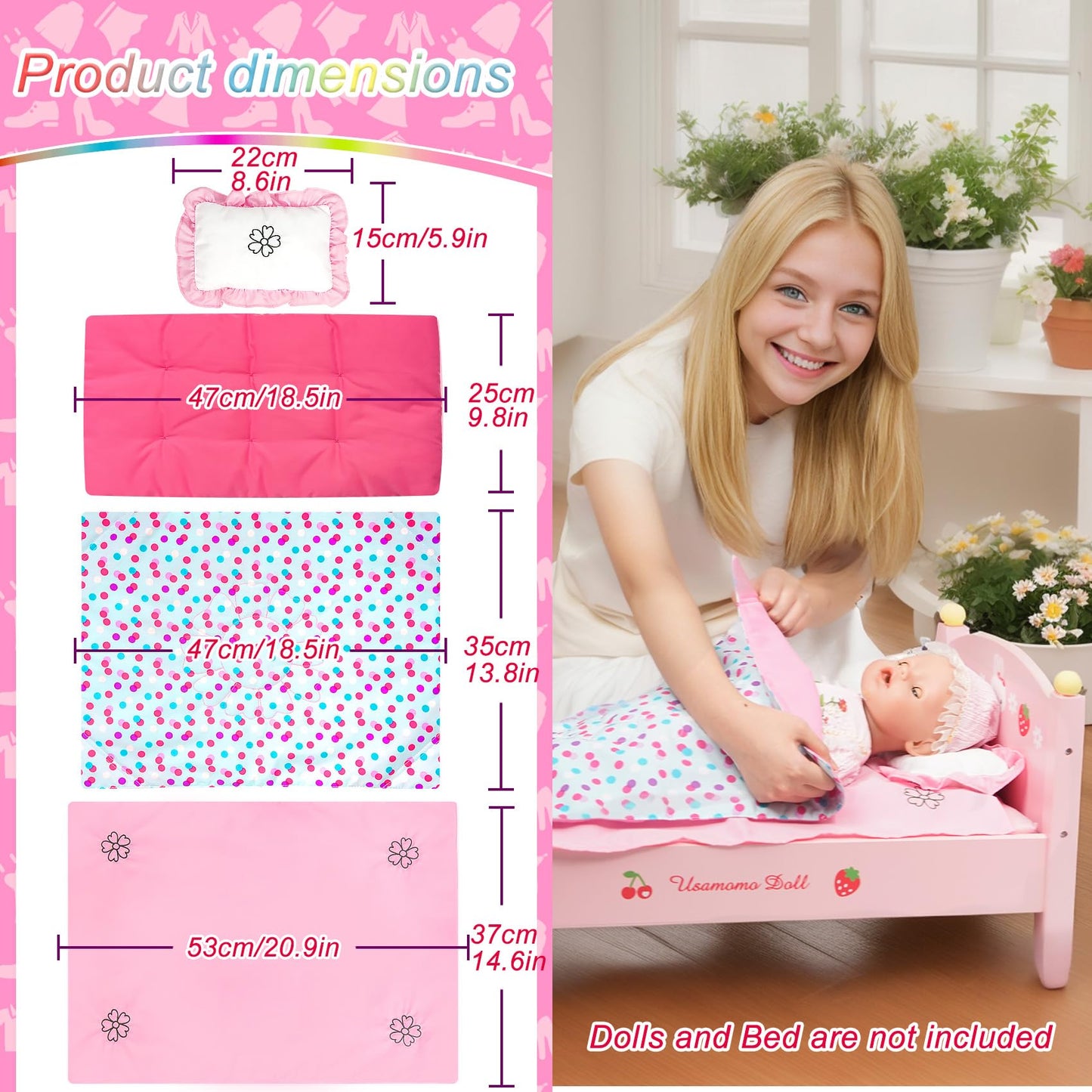 18 Inch Doll Bedding Accessories Set, Included Baby Doll Comforter, Mattress, Bed Sheets, Pillow Cute Doll Accessories- Fits 18'