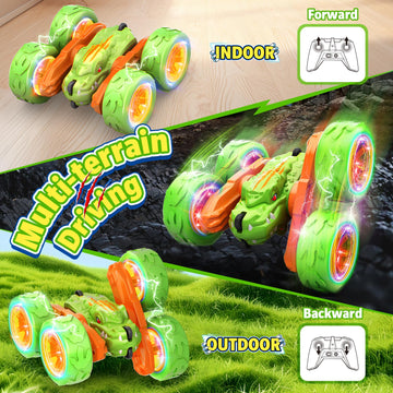 SpringFlower Remote Control Car Toy for Boys 3 4 5 6 7 8 Years Olds, Rechargeable Dinosaur RC Cars,360 Flip Double Sided RC Stun