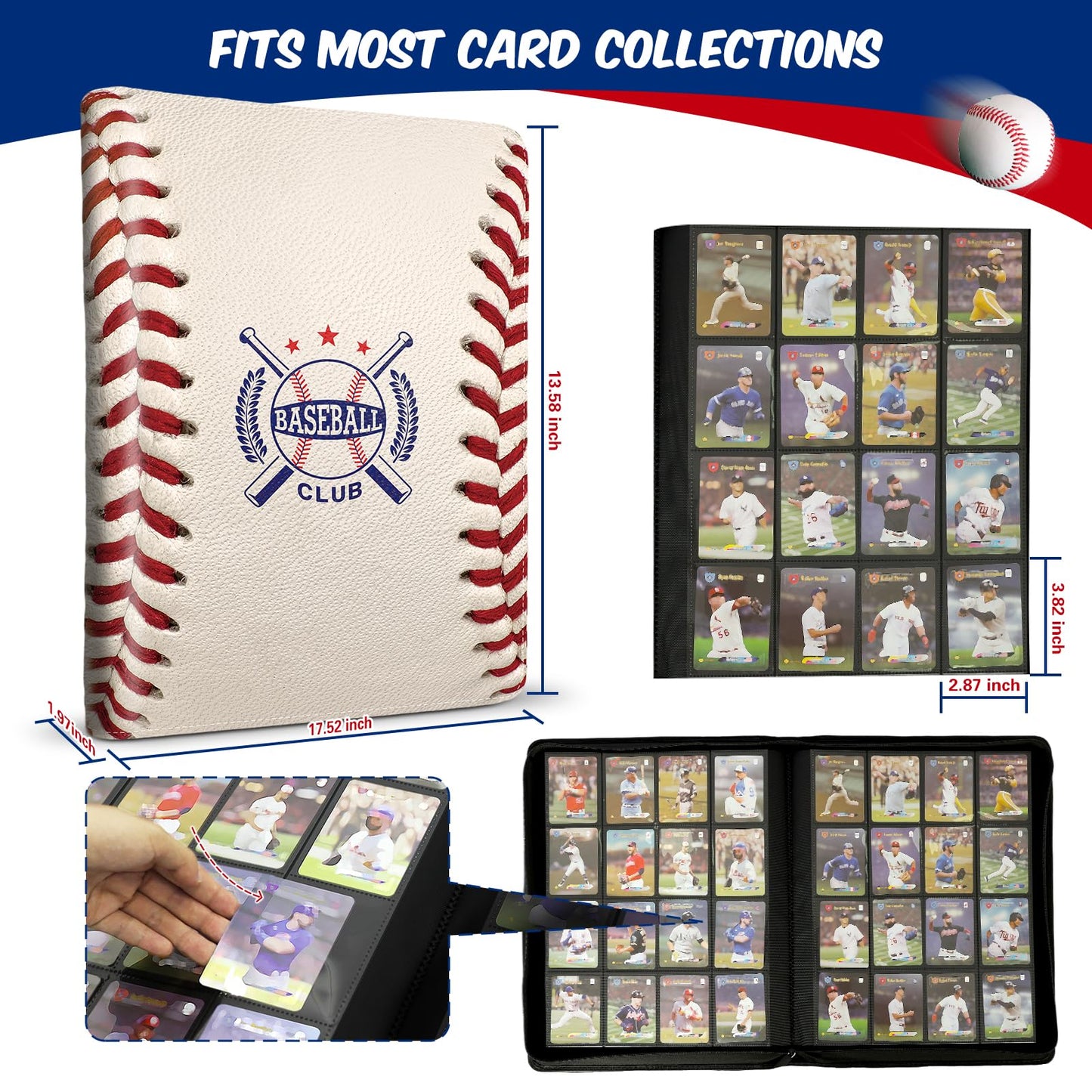 Baseball Card Binder 16 Pocket  enhanced 1000+ Cards PU Cover Trading Sports Card Binder Side Loading Card Holder Collection Album Folders