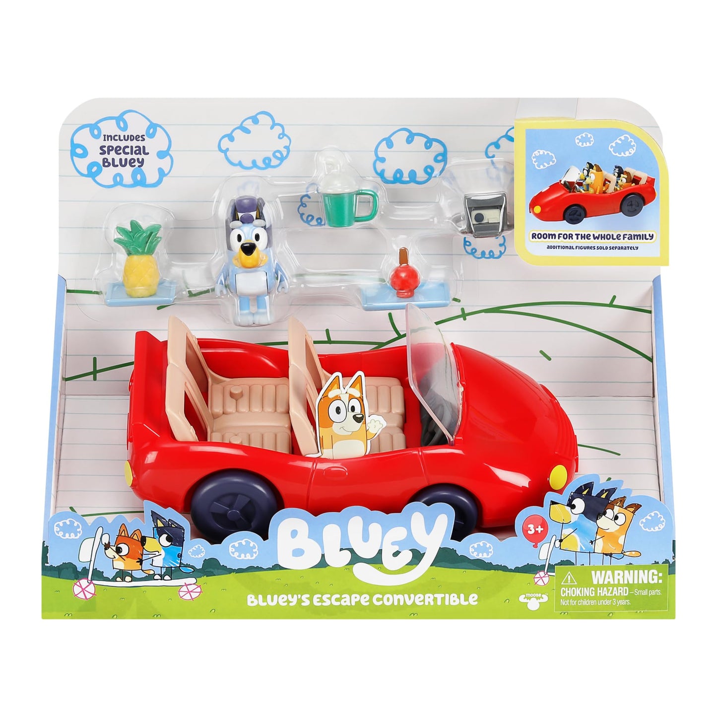 Bluey Vehicle and Figure Pack  Escape Convertible with 2.5 inch limited availability Figure  4 Accessories and Sticker Sheet