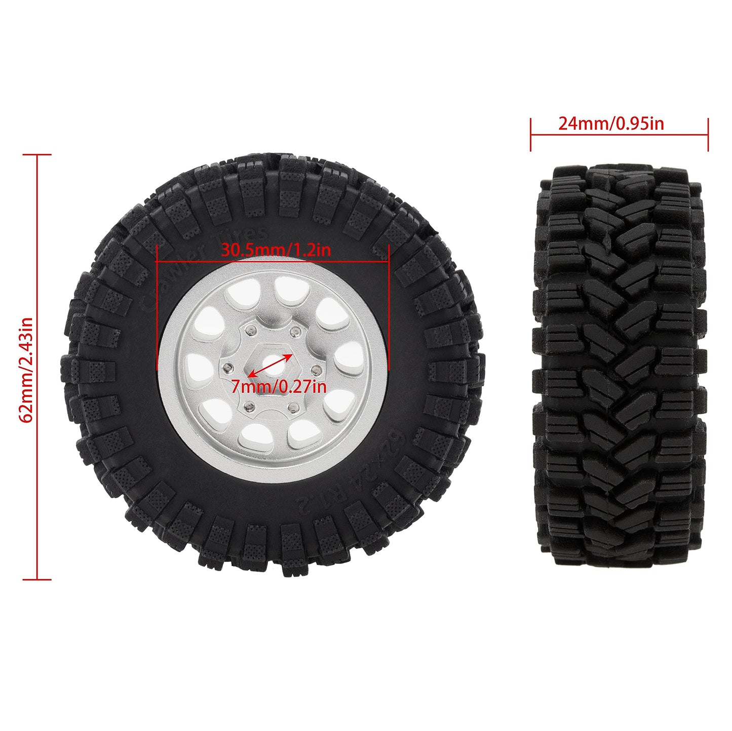 Meus Racing 1.2 Beadlock Wheels Tires Set Brass Rim For Trx4M Scx24 Fcx24 Ax24 1/24 1/18 Rc Crawler Car, Negative 4Mm 42G (Silve