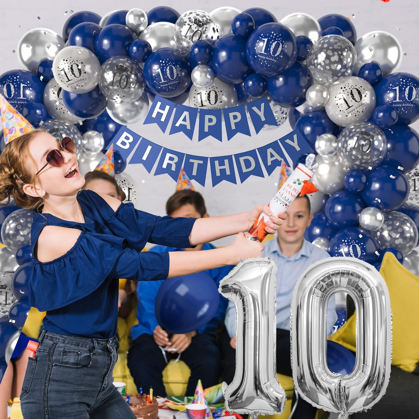 10Th Birthday Decorations Navy Blue Silver,10Th Birthday Balloon Garland Party Decorations With Number 10 Foil Balloons,Happy Bi