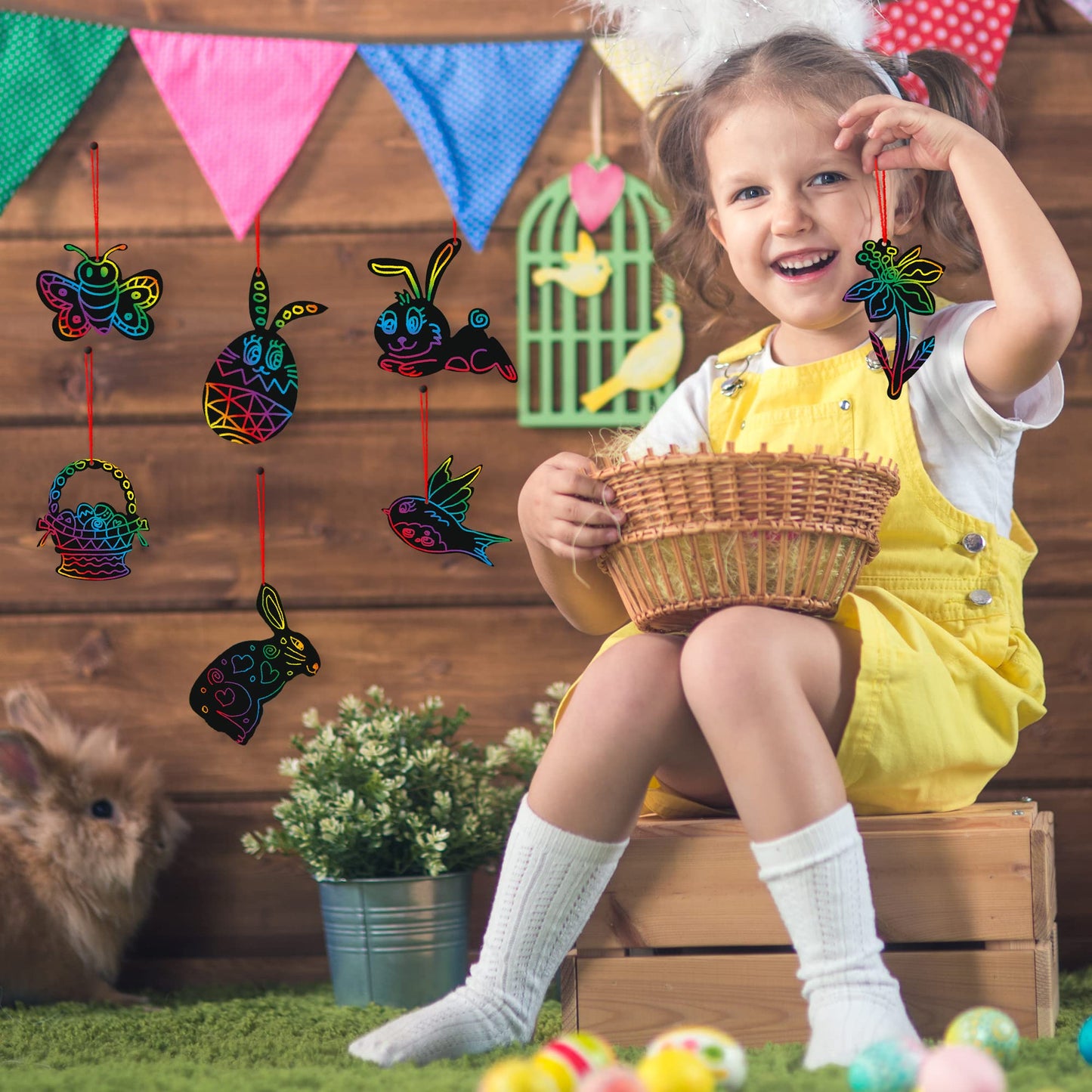 ArtCreativity 48 Pcs Easter Scratch Art for Kids, Includes Wooden Sticks & Ribbons, Fun Craft Kit, Creative Teen Easter Basket S