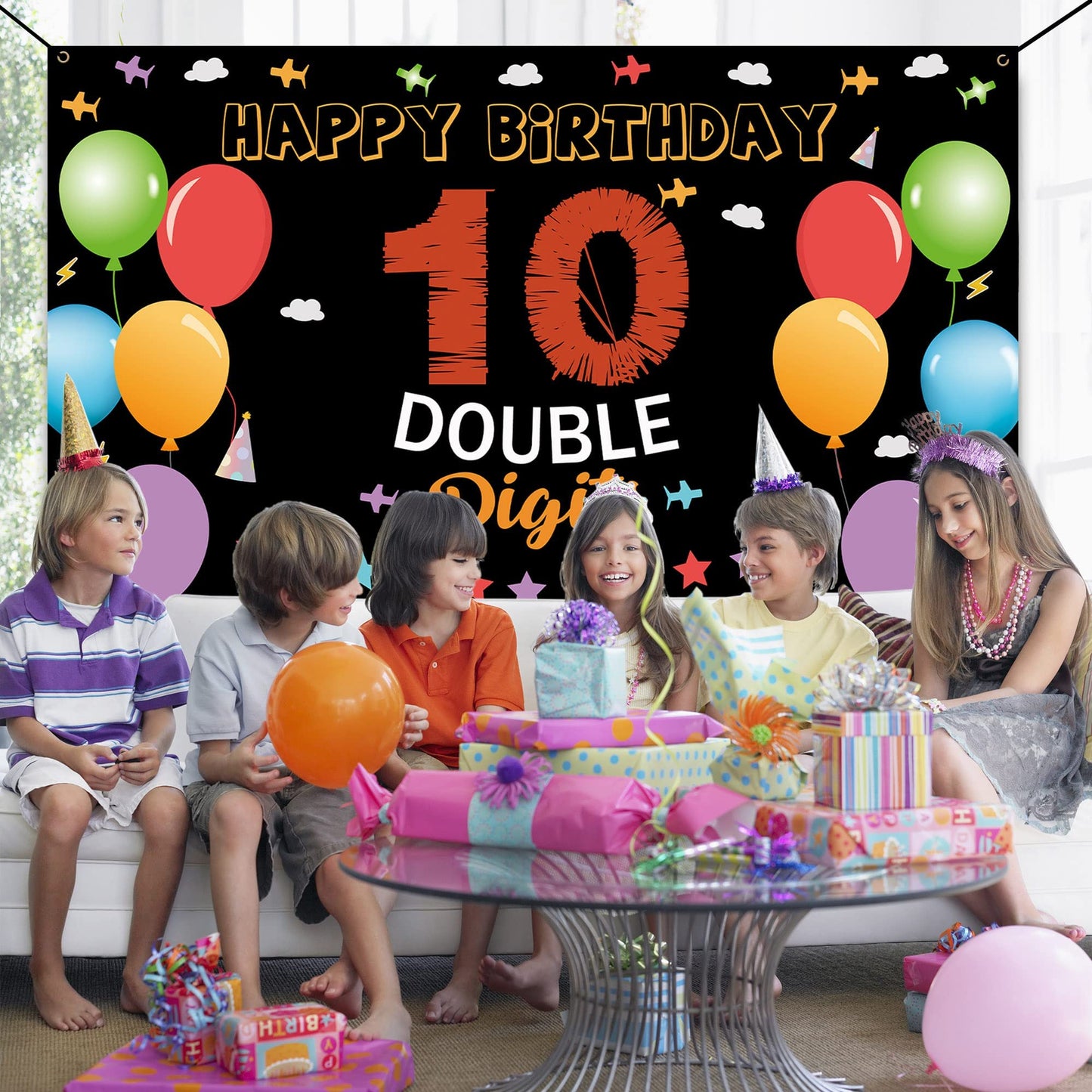 10Th Birthday Backdrop Banner, Happy 10Th Birthday Decorations, Kids 10 Year Old Double Digits Birthday Party Yard Sign Decor, C