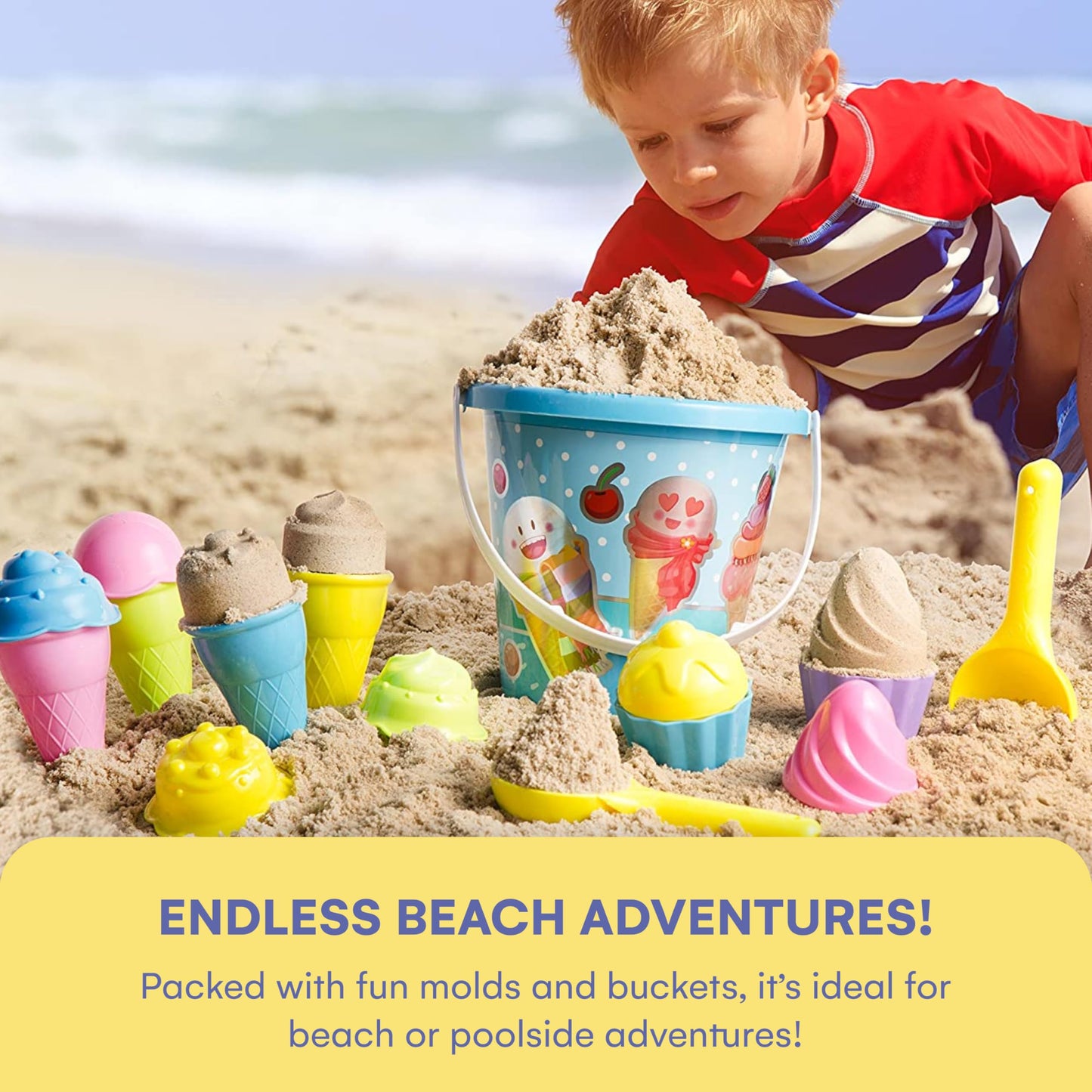 Top Race Kids Beach Toys Set with Bucket Pail and Spade Scoop - 16pcs Ice Cream Blue Sand Playset for Kids & Toddlers Ages 1.5,2