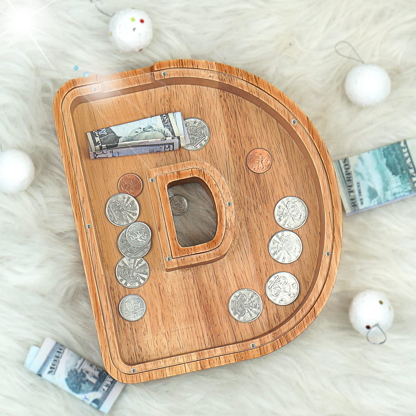 Piggy Bank For Kids Boys Girls, Large Personalized Wooden Letter Piggy Bank With Cut-Out Design, Alphabet Letter Coin Banks, Money Savings Box, Wooden Bank For Kids Creative Gift For Real-Money(D)