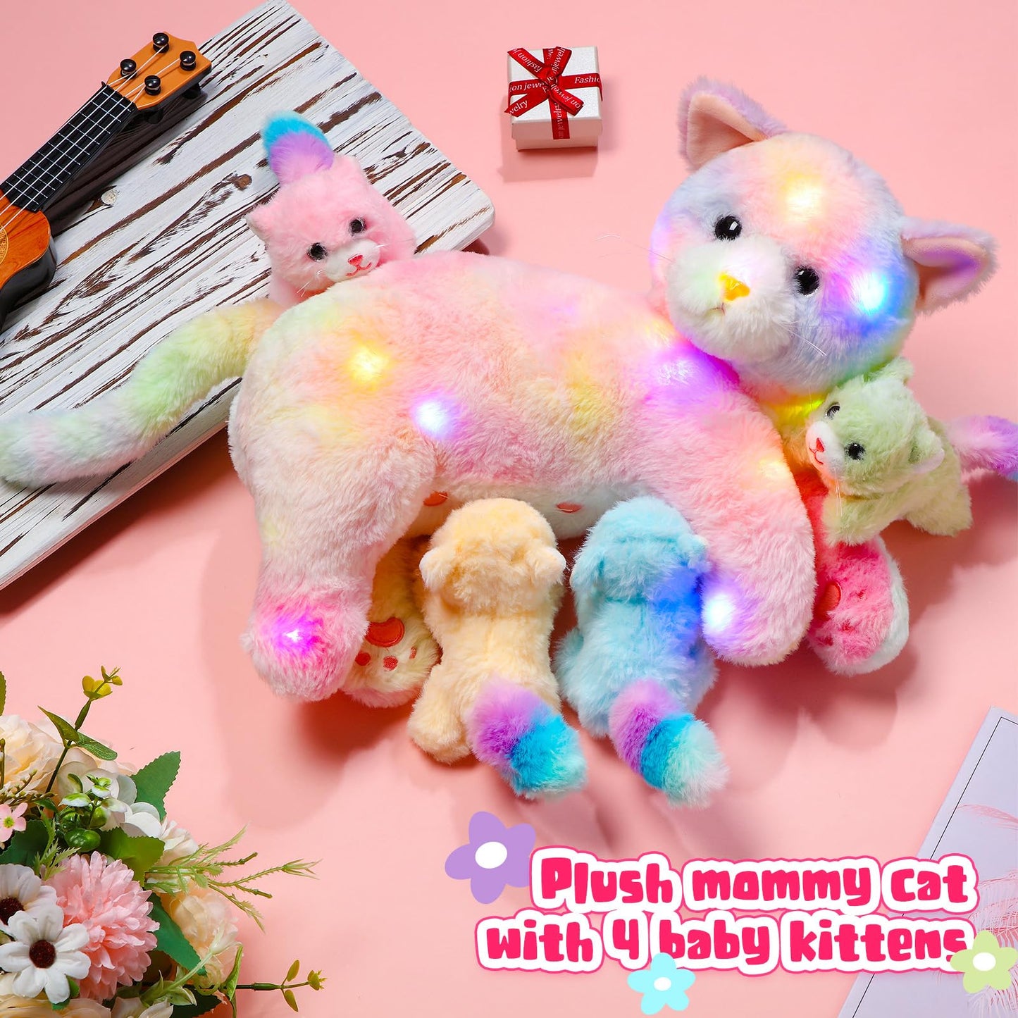 Skylety Nurturing Cat Stuffed Animal With 4 Plush Kittens, Cat Baby Stuffed For Girls And Boys Plushy Mommy Kitty With Baby Kittens For Birthday Party Favors Gifts(Led Style)