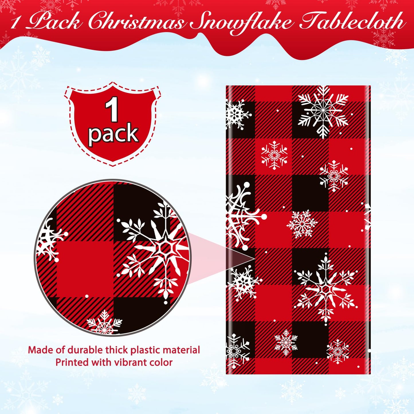 1 Pieces Red and Black Buffalo Plaid Merry Christmas Party Tablecloth Decorations,Plastic White Snowflake Buffalo Plaid Sign Tab