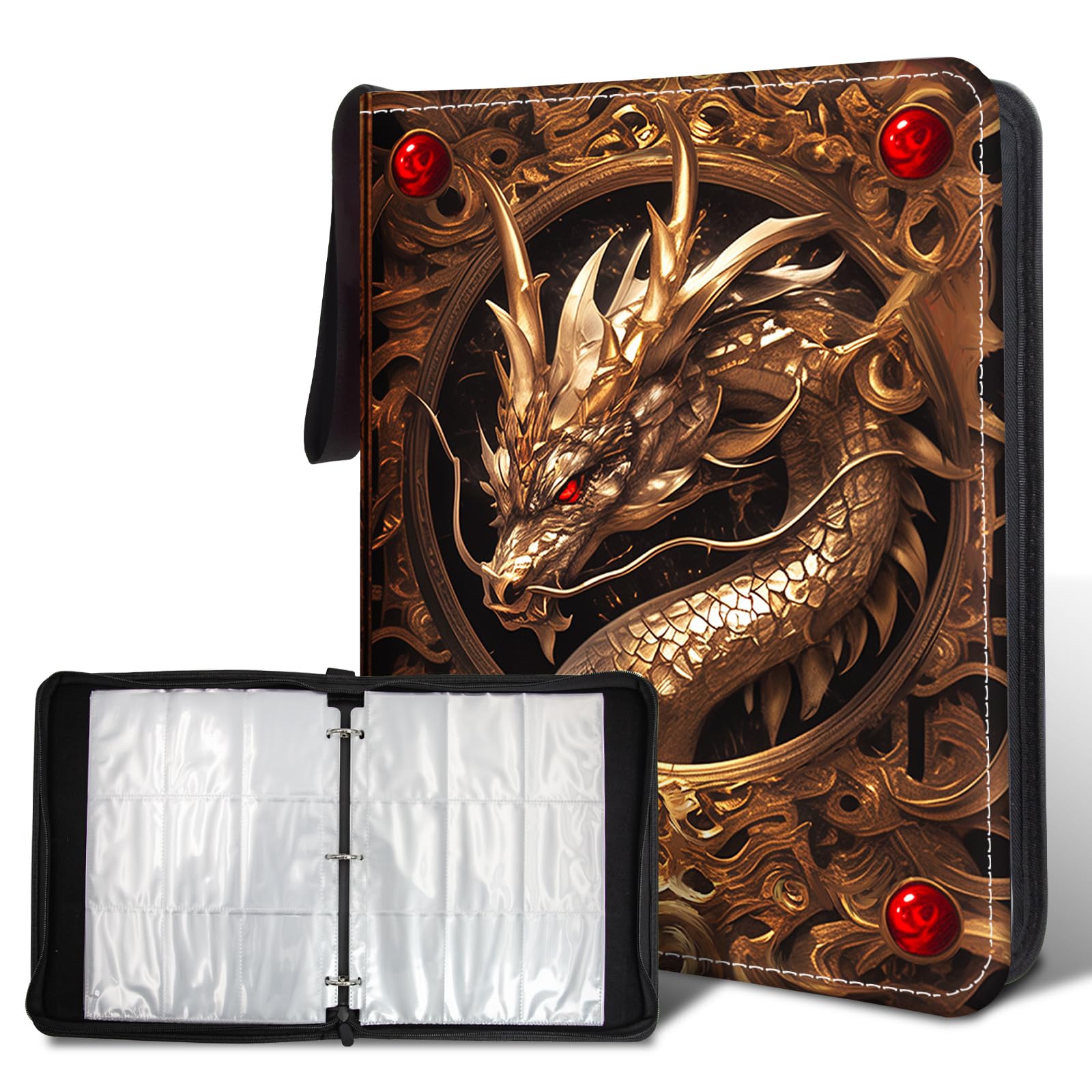 Wazzio Trading Card Storage Album with 50 Durable 9-Pocket Pages  Birthday Gifts for Fathers Day  900 Pocket Card Binder  Gifts for Collector's Album  Golden Dragon Design on Pocket Card Packs