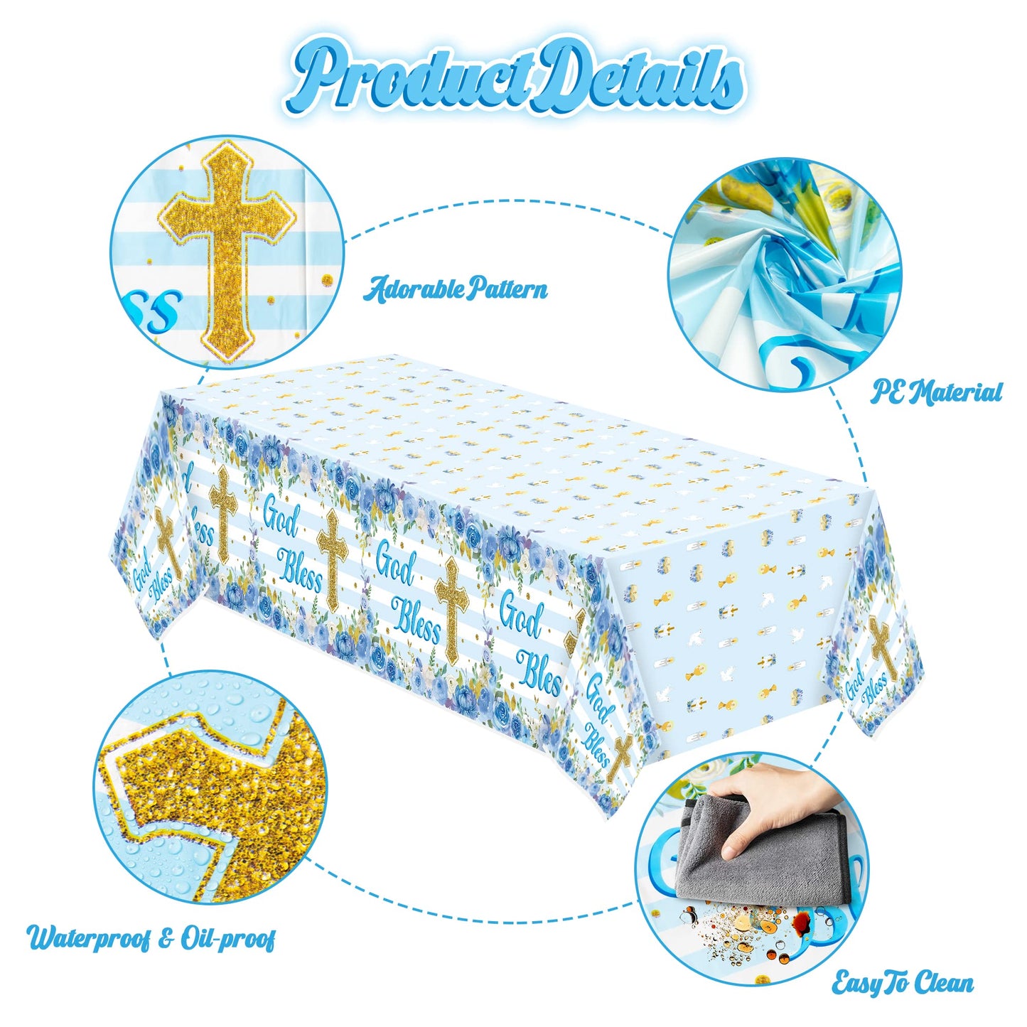 BkeeCten 3 Packs Blue Baby boy Baptism Party Tablecloths Decorations Flower Theme Disposable Plastic Waterproof Rectangle God Bl