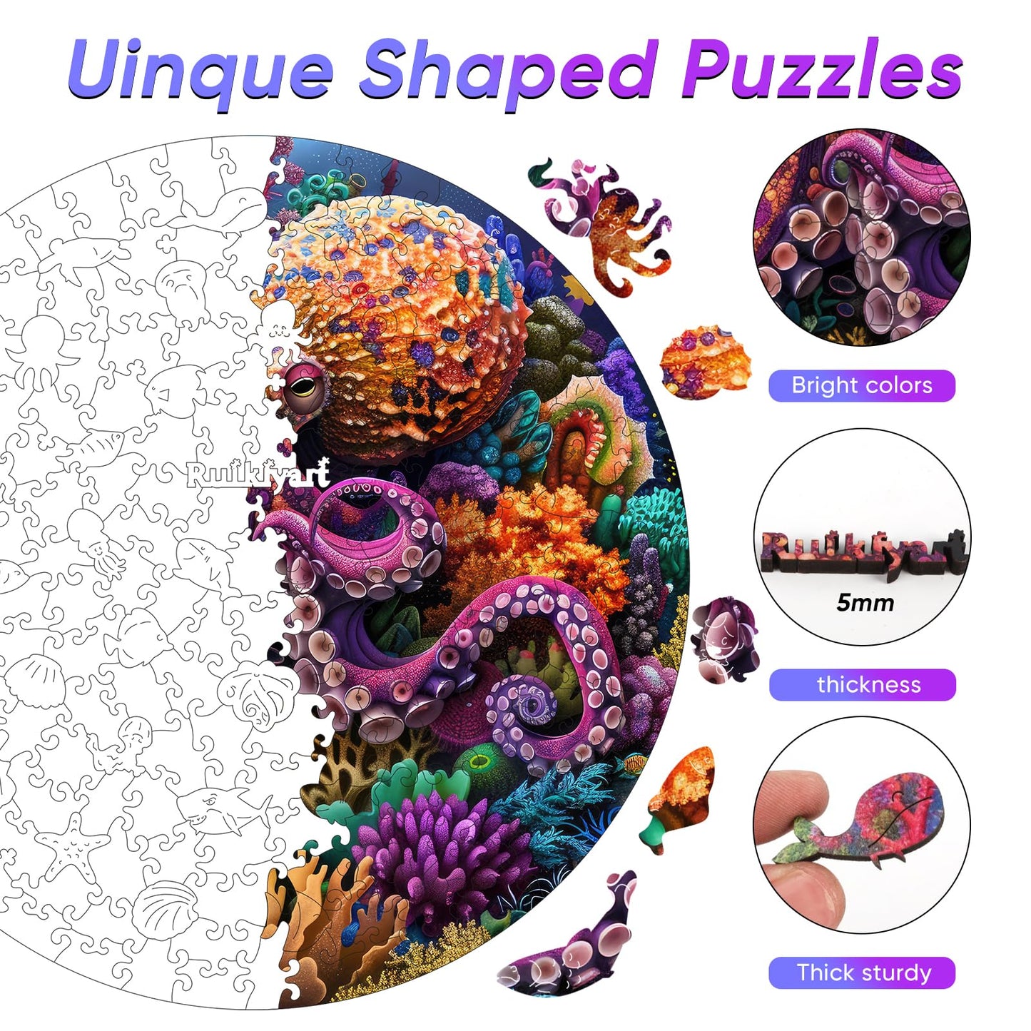 Ruikiyart Wooden Puzzles for mature-themeds  Octopus Wooden Jigsaw Puzzles 500pcs Unique Shape mature-themed Puzzles Family Game Fabulous Gift for Kids and mature-themeds on Birthday Thanksgiving Christmas 16.7 x16.7 Inches