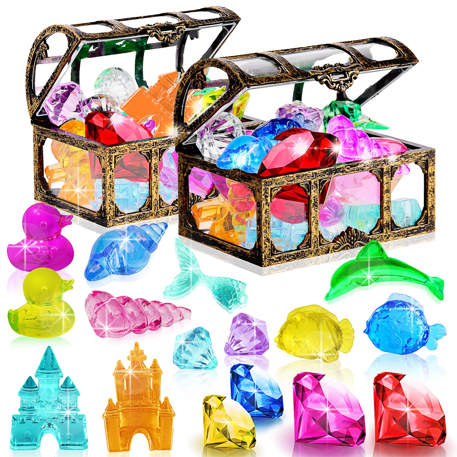 MGparty 28 Pcs Diving Gems Pool Toy Colorful Diamonds Set with Treasures Pirate Box Summer Water Toys for Kids Underwater Swimmi