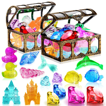 MGparty 28 Pcs Diving Gems Pool Toy Colorful Diamonds Set with Treasures Pirate Box Summer Water Toys for Kids Underwater Swimmi