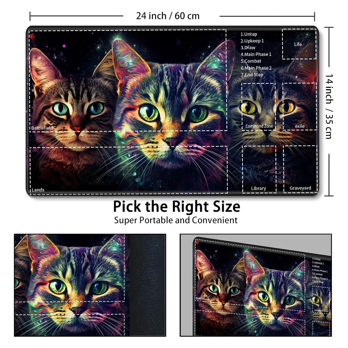 for MTG Card Playmat with Zone Game Play Mat for MTG TCG 24 x 14 inches Non-Slip Play Mat for Commander Board RPG CCG Game TCG Other Card Games/Mouse Pad-Three Cute Cats
