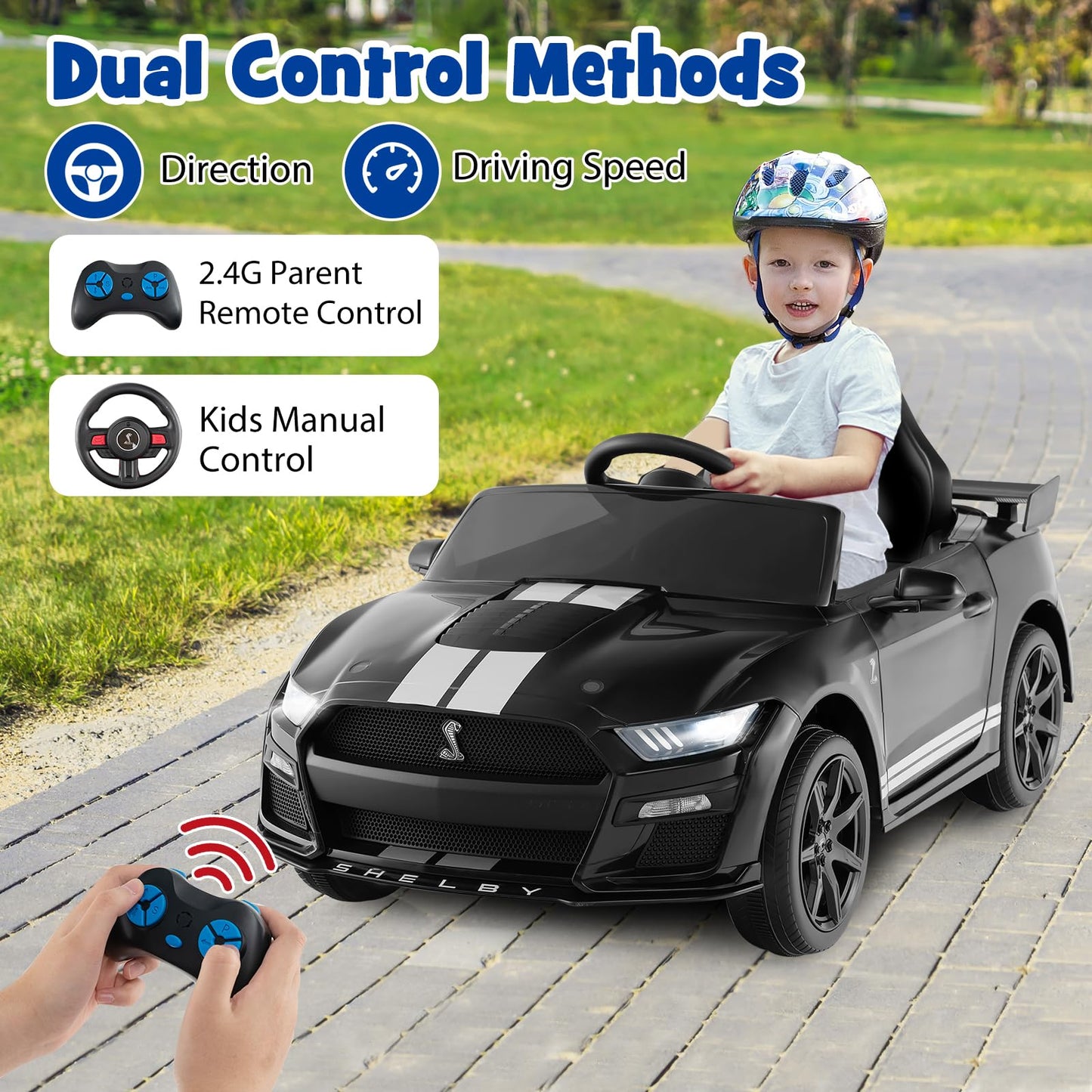 Costzon 12V Ford Mustang Shelby GT500 Ride-On Car with Remote Control, USB, Radio, Music - Large, Black